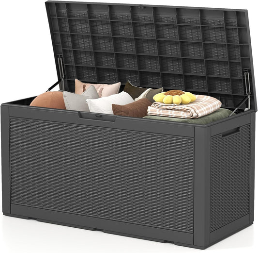 100 Gallon Deck Box Outdoor Waterproof, Rattan Outdoor Storage Box, Patio Storage Boxes for Cushions, Pillow, Garden Tools, Equipment