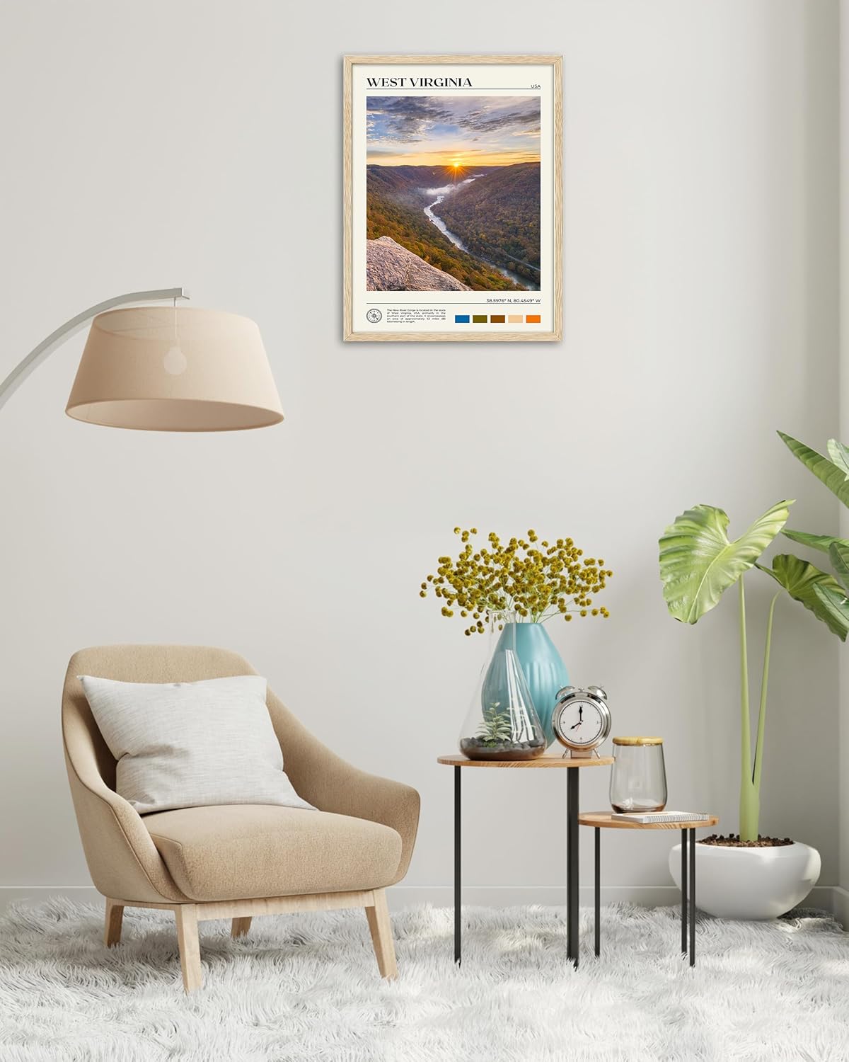 HesenDot Natural OAK Wood Framed West Virginia Wall Art,12x16in New River Gorge Quality Canvas Wall Print,Classic Urban Landmark Wall Decor for Living Room,Bedroom,Office Gallery Gifts Set of 1