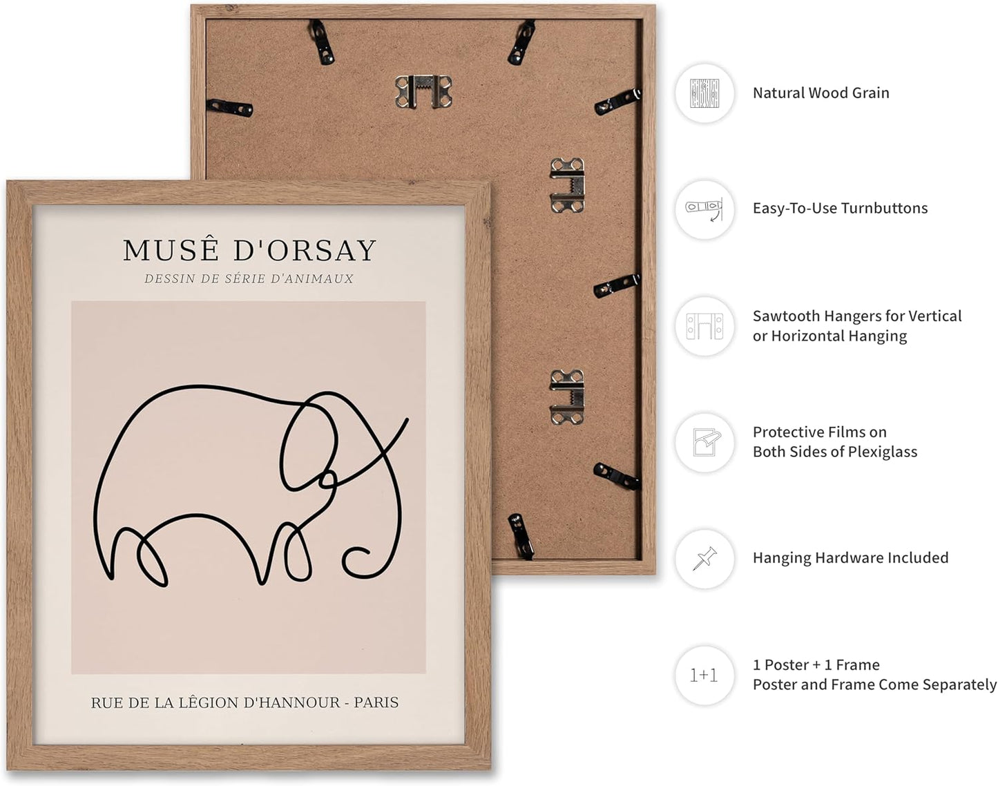 Poster Master Vintage Poster - Retro One Line Elephant Drawing Print - Elephant Art - Minimal Gift for Men, Women, Animal Lover - Abstract Wall Decor for Home, Office, 11x14 Beige Framed