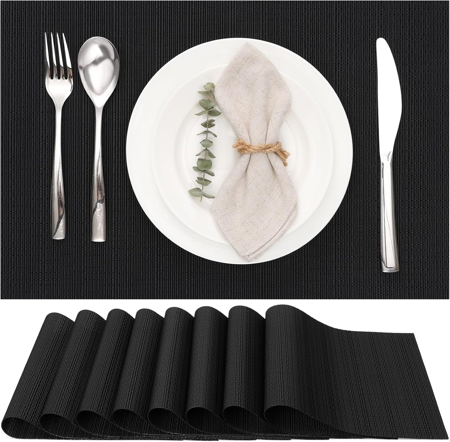Myir JUN Placemats Set of 8, Vinyl Woven Placemats Place Mats Indoor Set of 8 Washable Table Mats Non-Slip Place mats for Dining Table (Black, Set of 8)