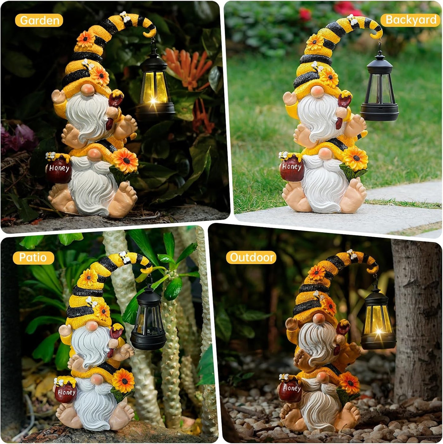 Solar Bee Garden Gnomes with LED Lantern – Waterproof Stacked Outdoor Decor for Yard, Patio – Unique Gnome Gift for Mom, Grandma, Women (Weatherproof Resin Outdoor Statues)