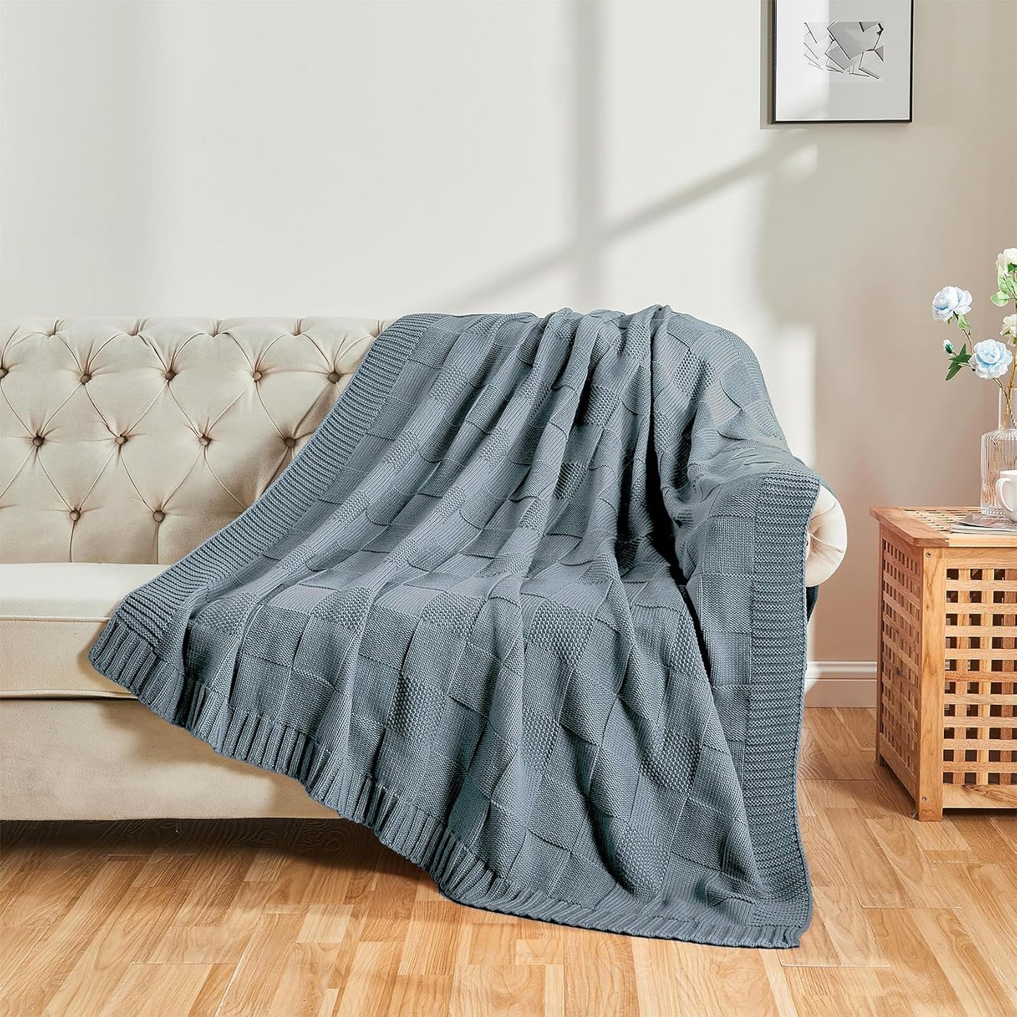 CozeCube Check Knit Throw Blanket, Dusty Blue Checkered Throw for Couch, Decorative Christmas Soft Cozy Warm Knitted Blanket for Bed Sofa Living Room, 60"X80"