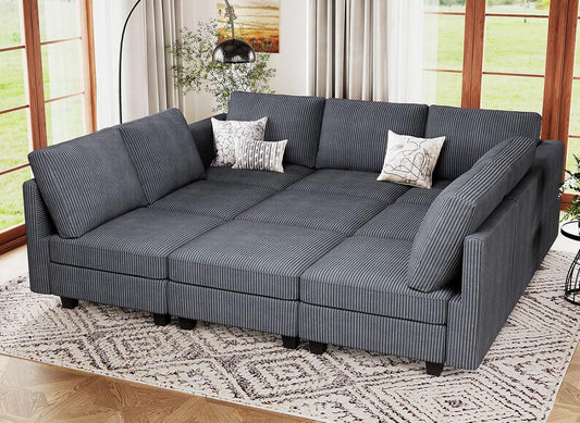 Belffin Corduroy Modular Sectional Sofa 9 Seat Convertible Sectional Sleeper Sofa Bed with Storage Ottomans Modular Sectional Couch Bed for Living Room Dark Grey