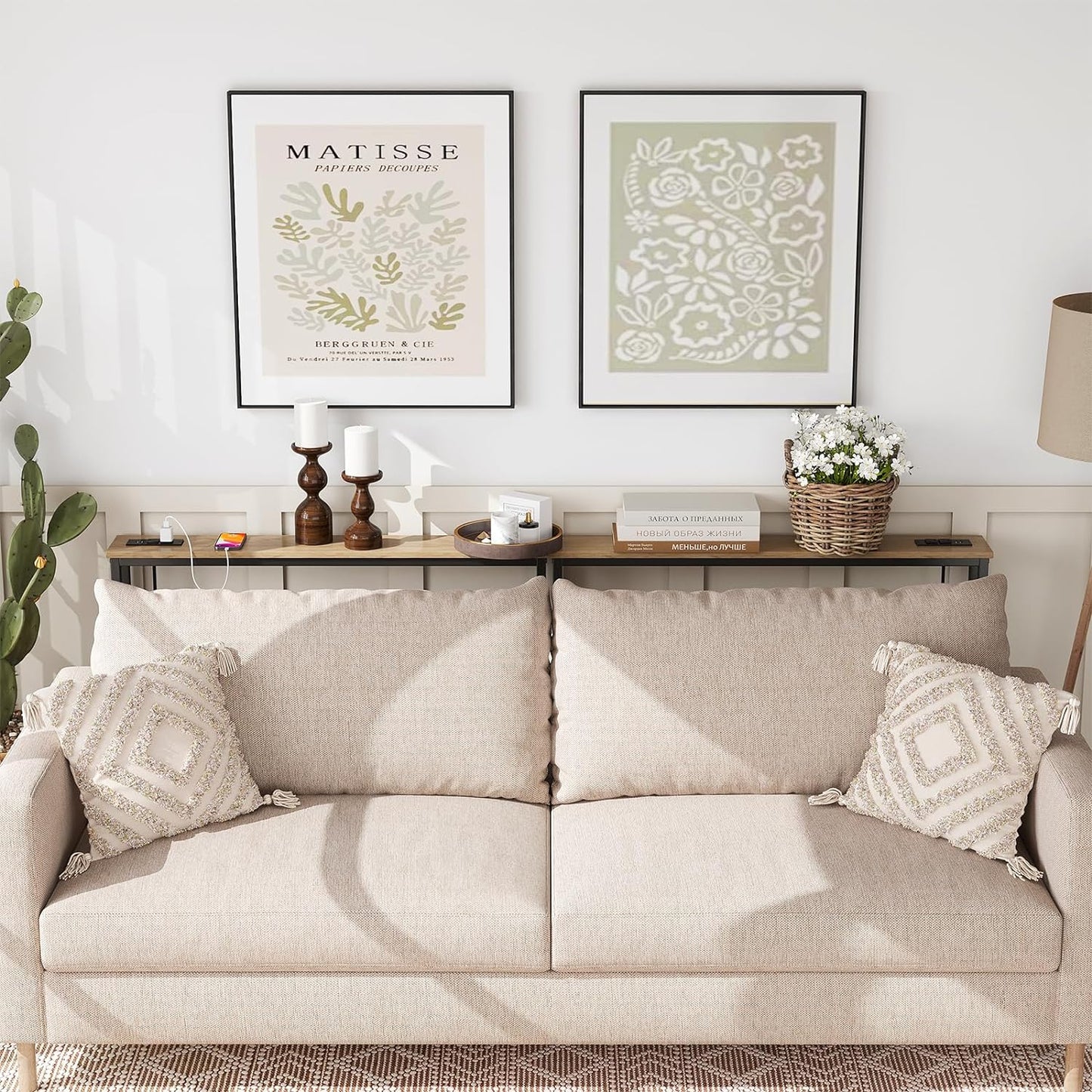 ELYKEN 2 Pack 5.9" Narrow Console Sofa Table with Power Outlets, 5.9" Dx39.4 Wx31.1 H Long Couch Table with Metal Frame and Charge Station with 6.5’ Extension Cord, White Oak