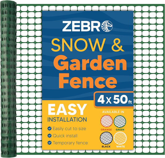 ZEBRO 4' x 50' Green Plastic Garden Fence Roll – Standard Duty Safety Netting for Snow, Poultry, Deer, Dogs – Reusable Outdoor Barrier for Yard, Landscaping, Animal Protection
