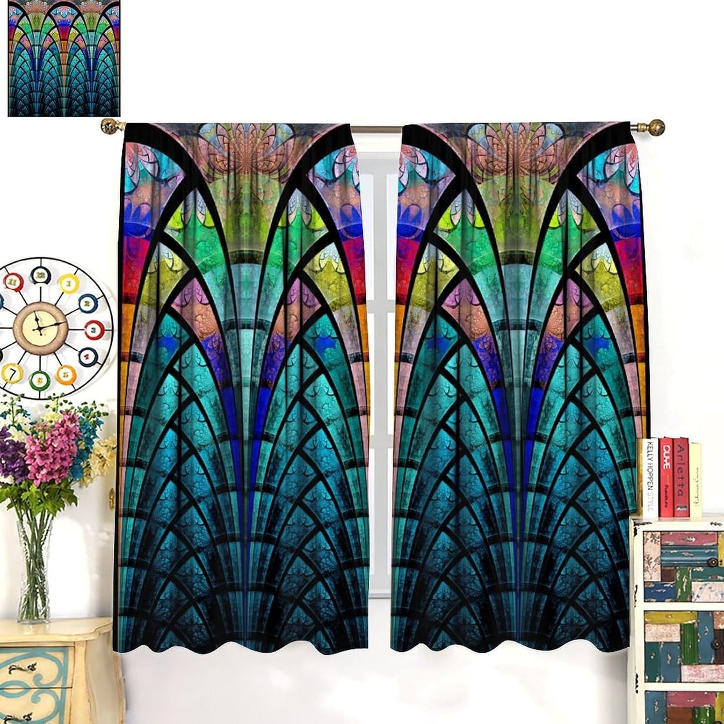 Stained Glass Curtains,Retro Design Style Colorful Abstract Art Home Decor Drapes for Bedroom Living Room Kitchen Window Treatment 2 Panels Set Total Size 84" W X 84" L Inch
