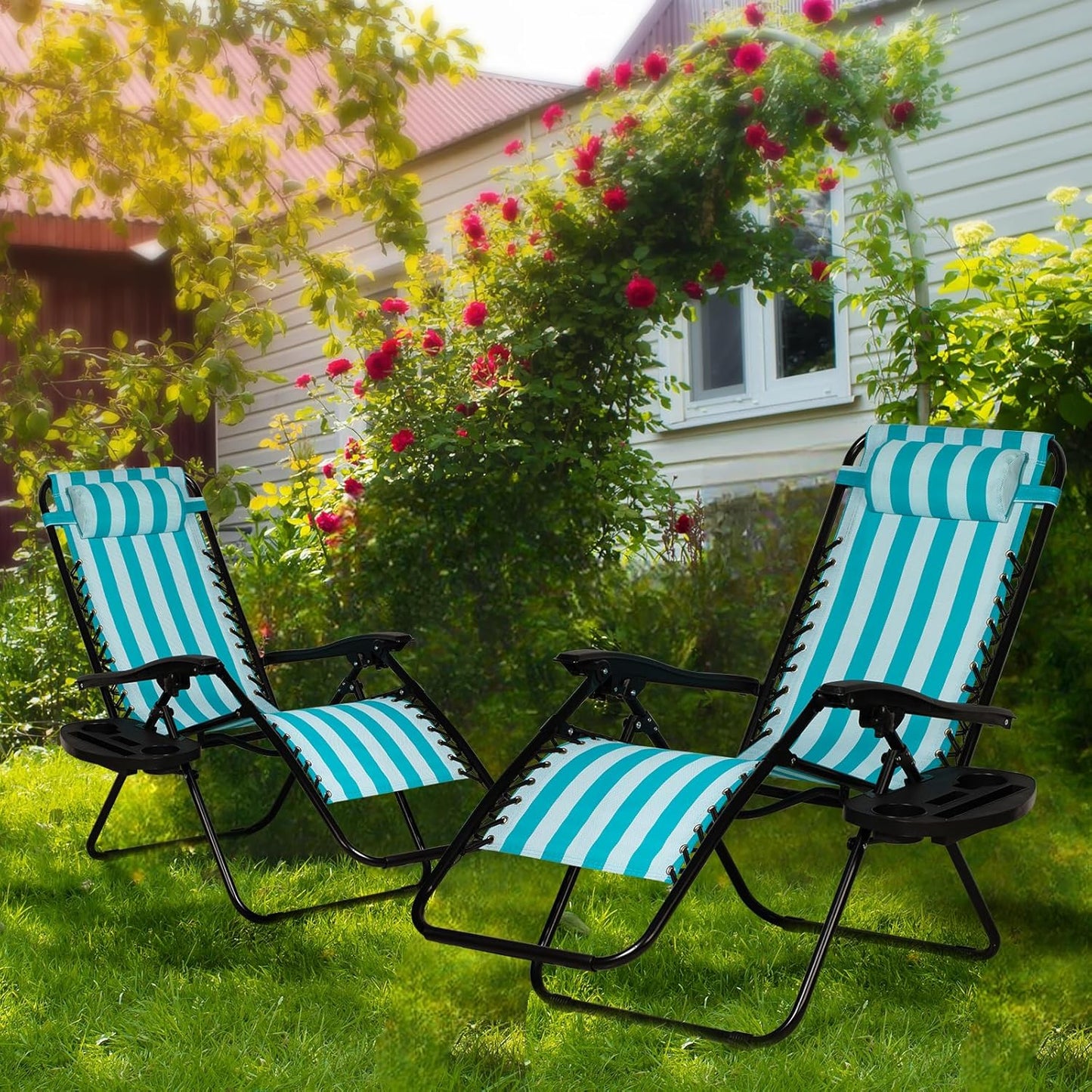 Nazhura Set of 2 Relaxing Recliners Patio Chairs Adjustable Steel Mesh Zero Gravity Lounge Chair Beach Chairs with Pillow and Cup Holder (Light Blue Stripe)