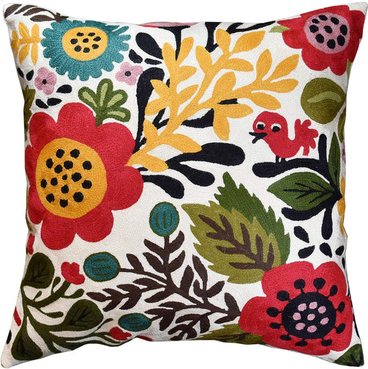 Red Polish Floral Pillow Cover Bird Flower Pillowcase Floral Outdoor Suzani Cushions Flowery Throw Chair Cushion Farmhouse Pillowsham Hand Embroidered Wool 18x18 Inch