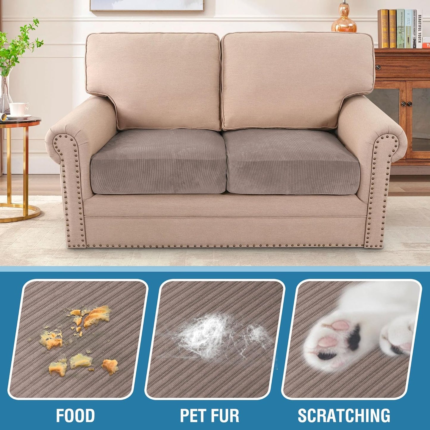 H.VERSAILTEX Velvet Stretch Couch Cushion Cover Plush Cushion Slipcover for Chair Loveseat Sofa Cushion Furniture Protector Seat Cushion Sofa Cover (2 Piece Medium Sofa Cushion Covers, Taupe Striped)