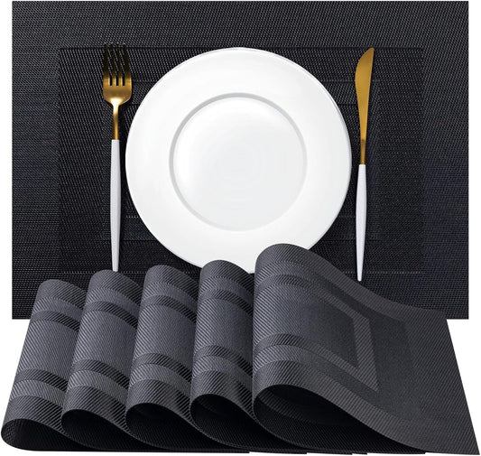 Placemats Set of 8 - Easy Clean Woven Vinyl Placemats for Dining Table, Indoor/Outdoor Place Mats, Washable PVC Table Mats（Black Cube）