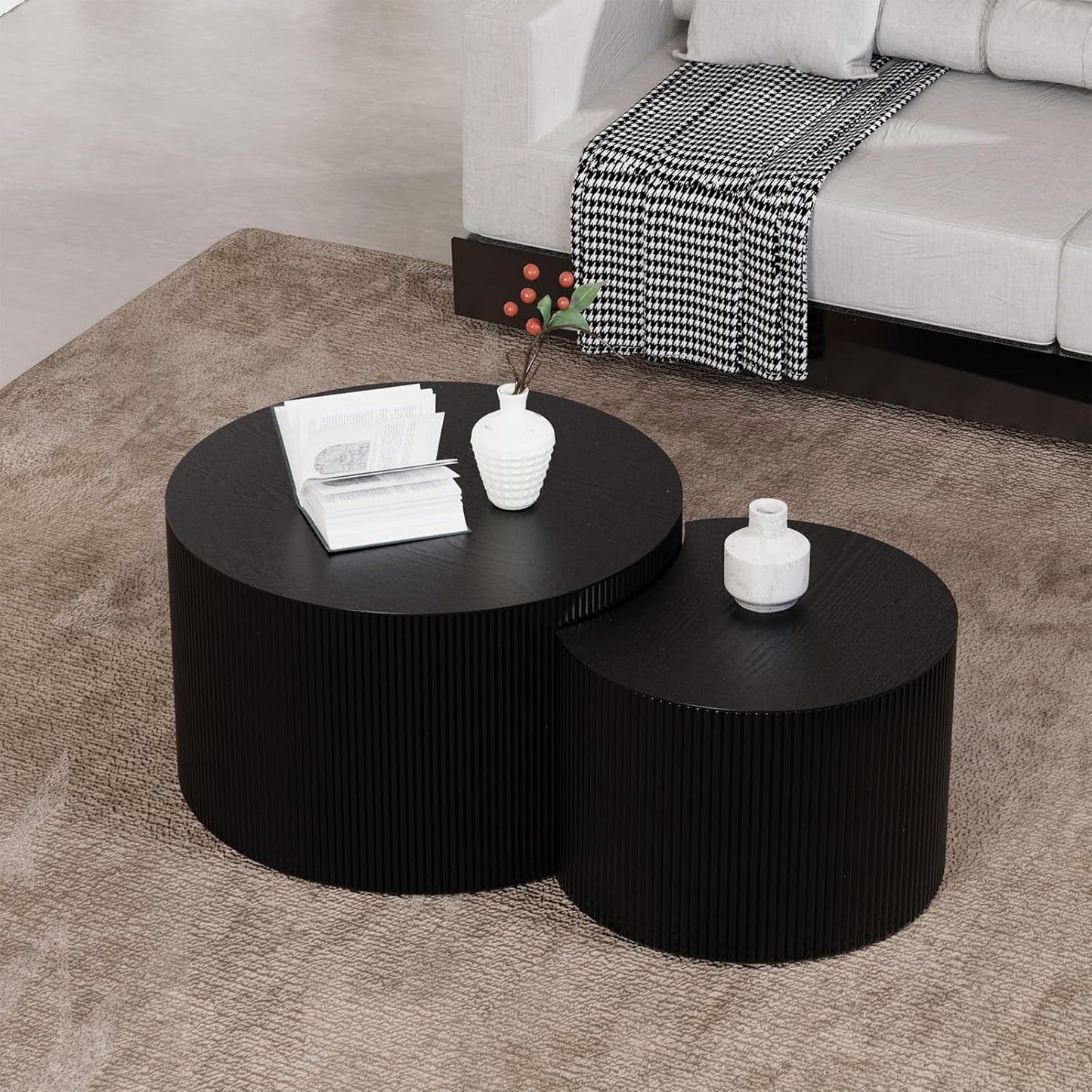 Round Nesting Coffee Table Set of 2 Handcraft Circle Fluted Nesting Coffee Tables Circular Side Table Drum Accent End Tables for Living Room Bedroom (Black Small)