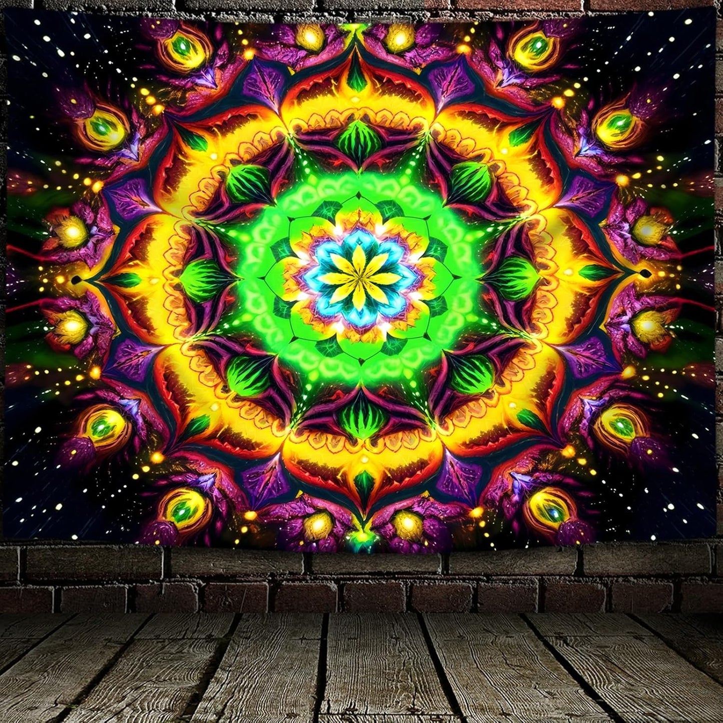 Blacklight Mandala Tapestry for Bedroom, Psychedelic Flower Black Light Posters for Adults and Teens, UV Reactive Aesthetic Bohemian Art Wall Hanging Decor Golden and Green (40 x 30 Inches)