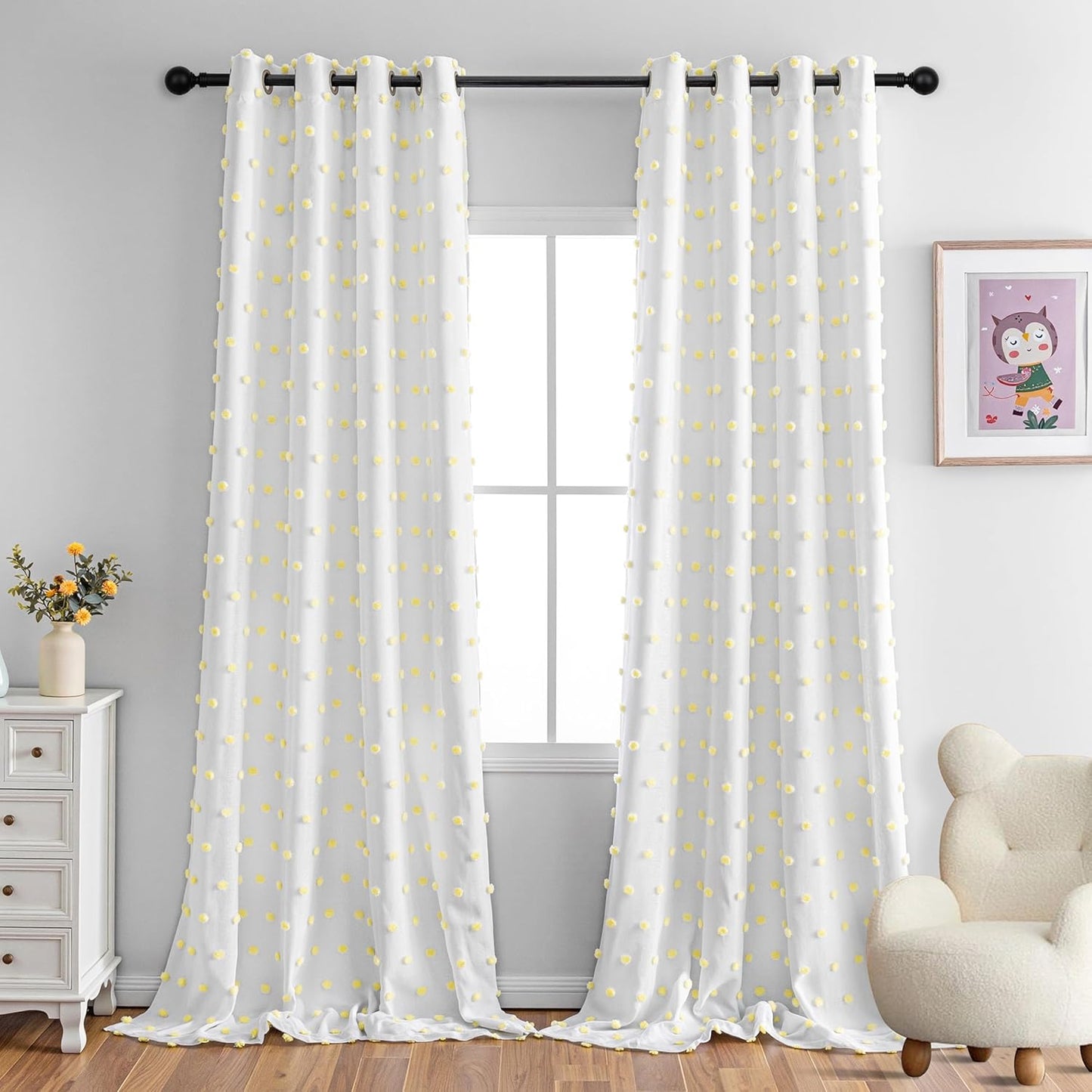 MYSKY HOME 100% Blackout Curtains for Kids Bedroom Thermal Insulated 95 Inch Length Nursery Curtains 2 Panels Grommet Light Filtering Yellow Pom Pom Sheer Drapes Double Layers Dining Room, 52W x 95L