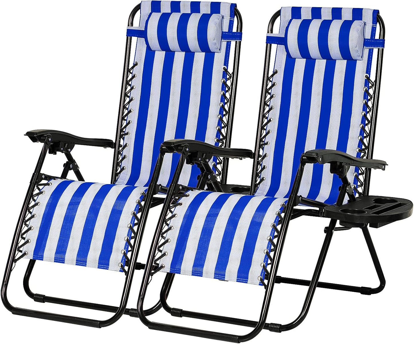 Nazhura Set of 2 Relaxing Recliners Patio Chairs Adjustable Steel Mesh Zero Gravity Lounge Chair Beach Chairs with Pillow and Cup Holder (Navy Blue Stripe)