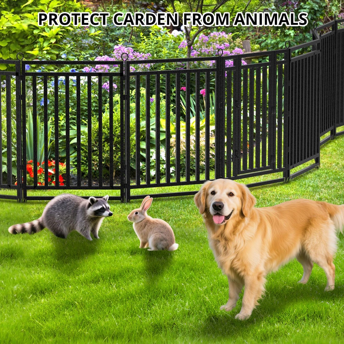 Decorative Garden Fence Metal Dog Fence Outdoor for Yard, 18ft (L) × 40in (H), 7 Panels + 1 Gate, Heavy Duty Animal Barrier Fencing for Patio & Flower Bed, No Dig, Black-Silver