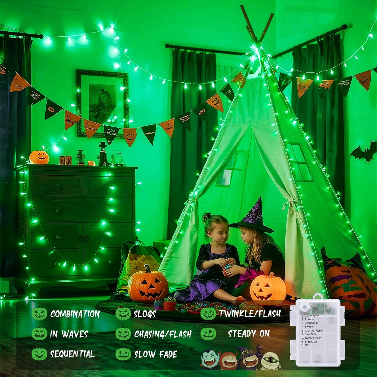 JMEXSUSS 100 LED Green Lights for Halloween Decorations, 33ft Halloween Lights Battery Operated with Remote, Green String Light Indoor Outdoor for Tree House Yard Xmas Decor