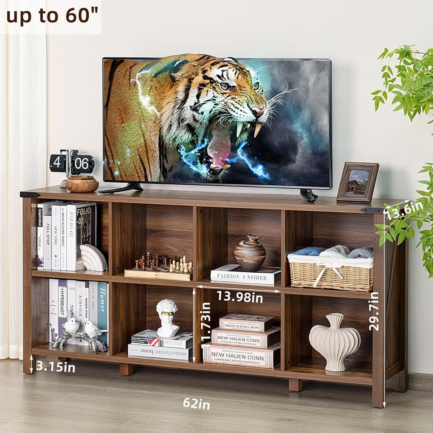 8 Cube Book Shelf, Farmhouse Wood Long Storage Organizer Bookcase, 62" Horizontal Brown Walnut Console Closet Bookshelf, Hallway TV Stand for Entryway, Display Cabinet Book Case for Office