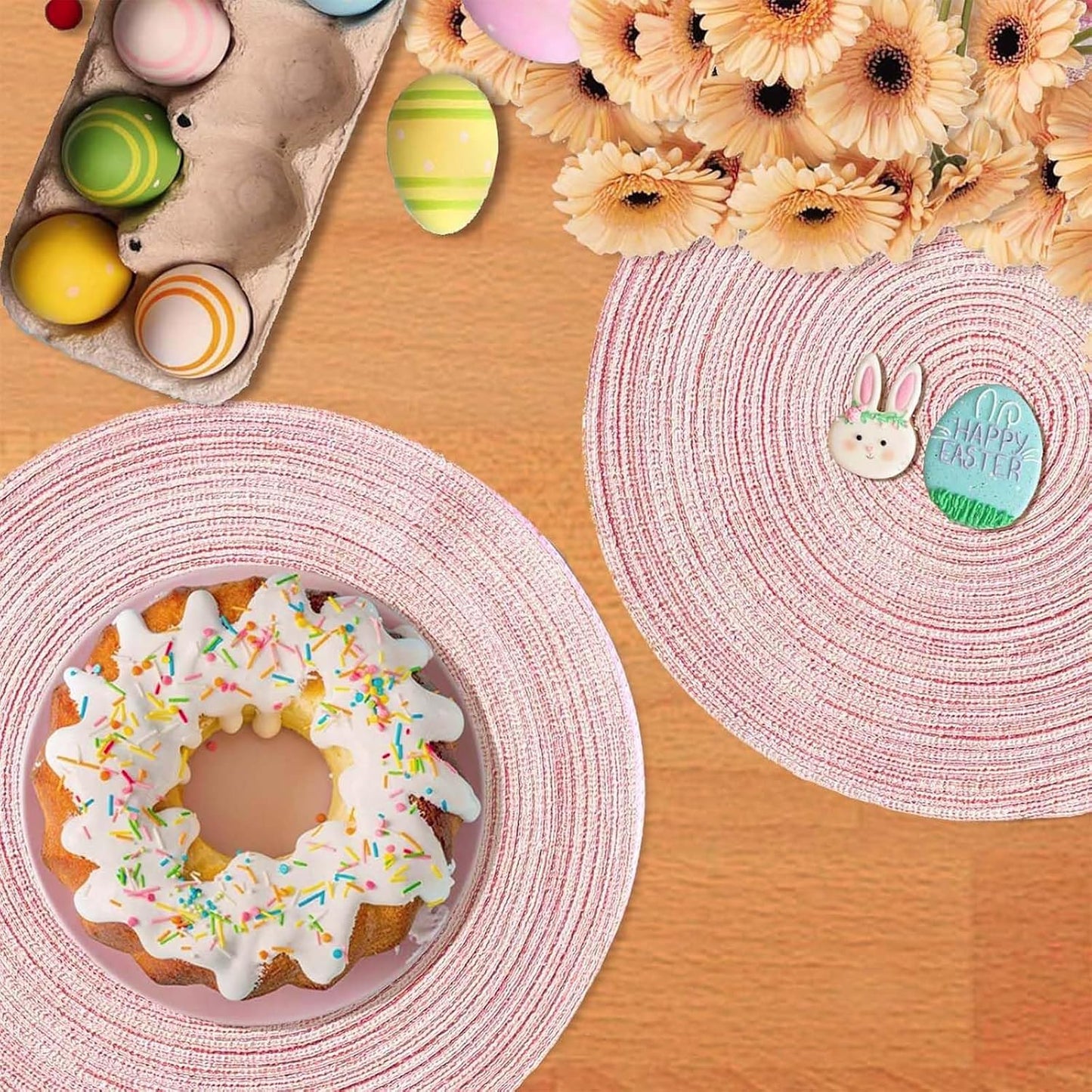 AHHFSMEI Round Braided Placemats Set of 6 Round Table Mats for Dining Tables Natural Woven Heat Resistant Place mats 15 Inch (Pink, 6)