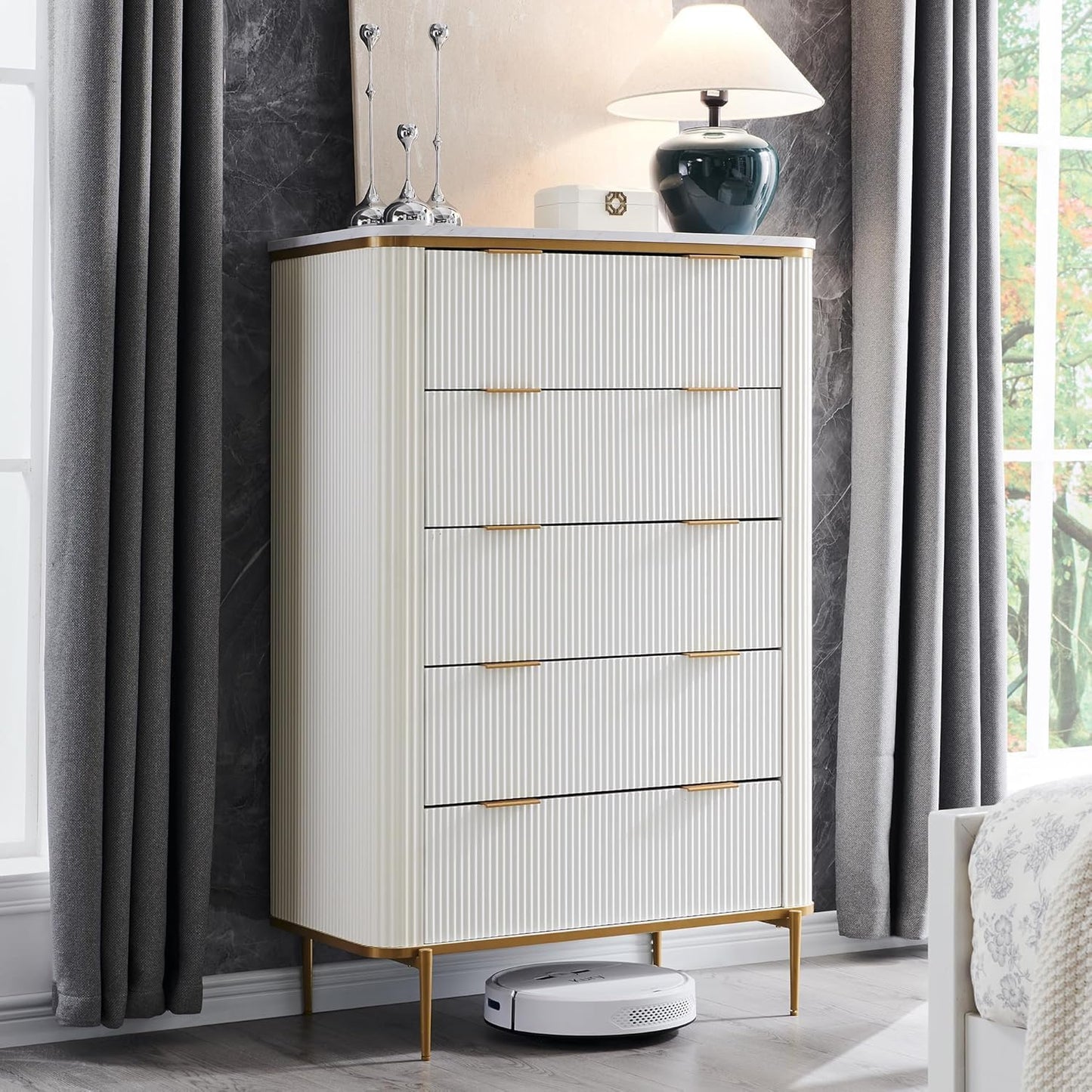 T4TREAM Fluted 5 Drawers Dresser for Bedroom, 48" Tall Modern Dresser Chest of Drawers, Gold Accents, Fluted Fronts, Wood Storage Dressers Organizer for Bedroom, Living Room (Off White)