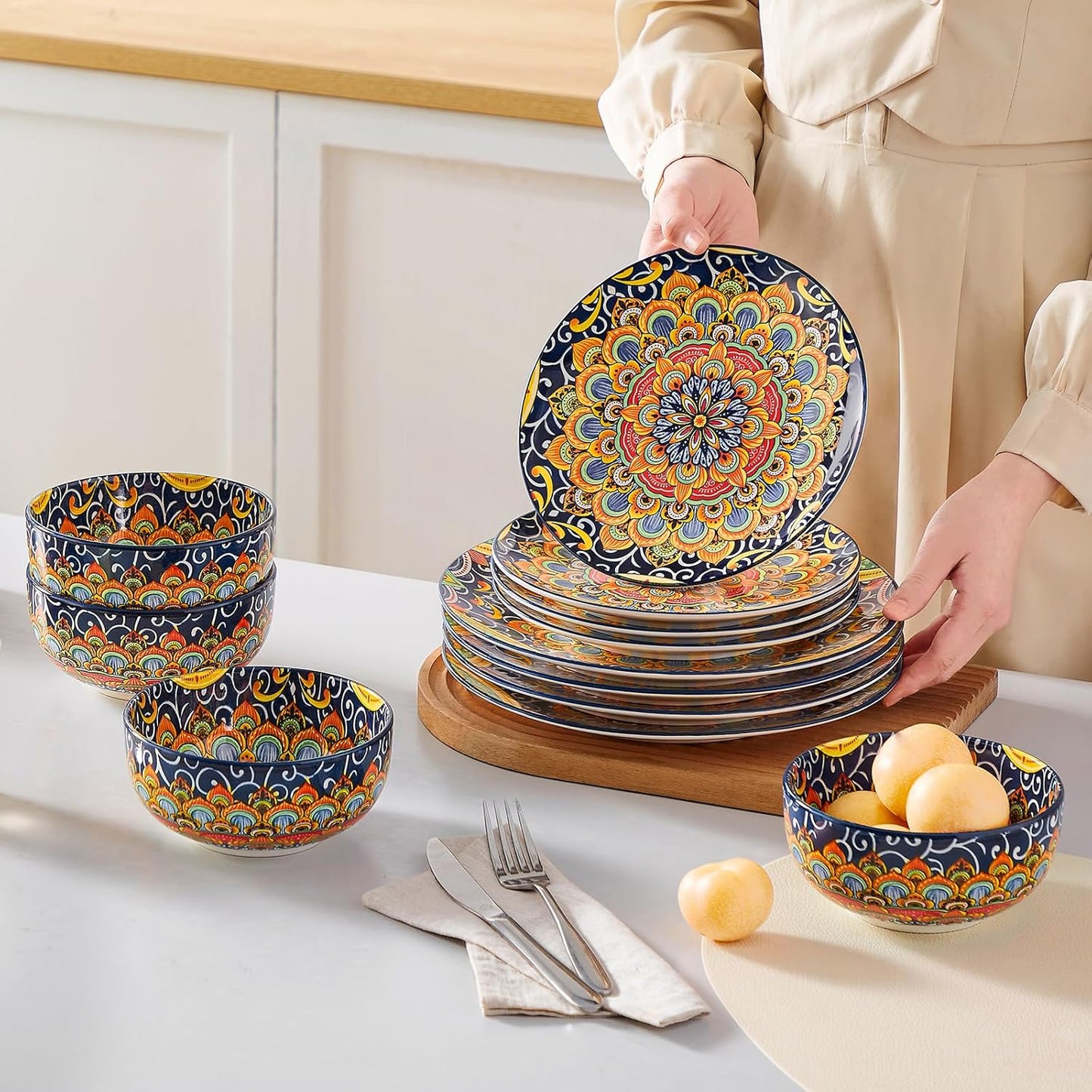 vancasso 12 Pieces Dinnerware Sets, Dark Green Plates and Bowls Set, Porcelain Dishes Set for 4, Microwave and Dishwasher Safe, Scratch Resistant, Bohemian Style Dining Ware Service for 4, Series SIMI