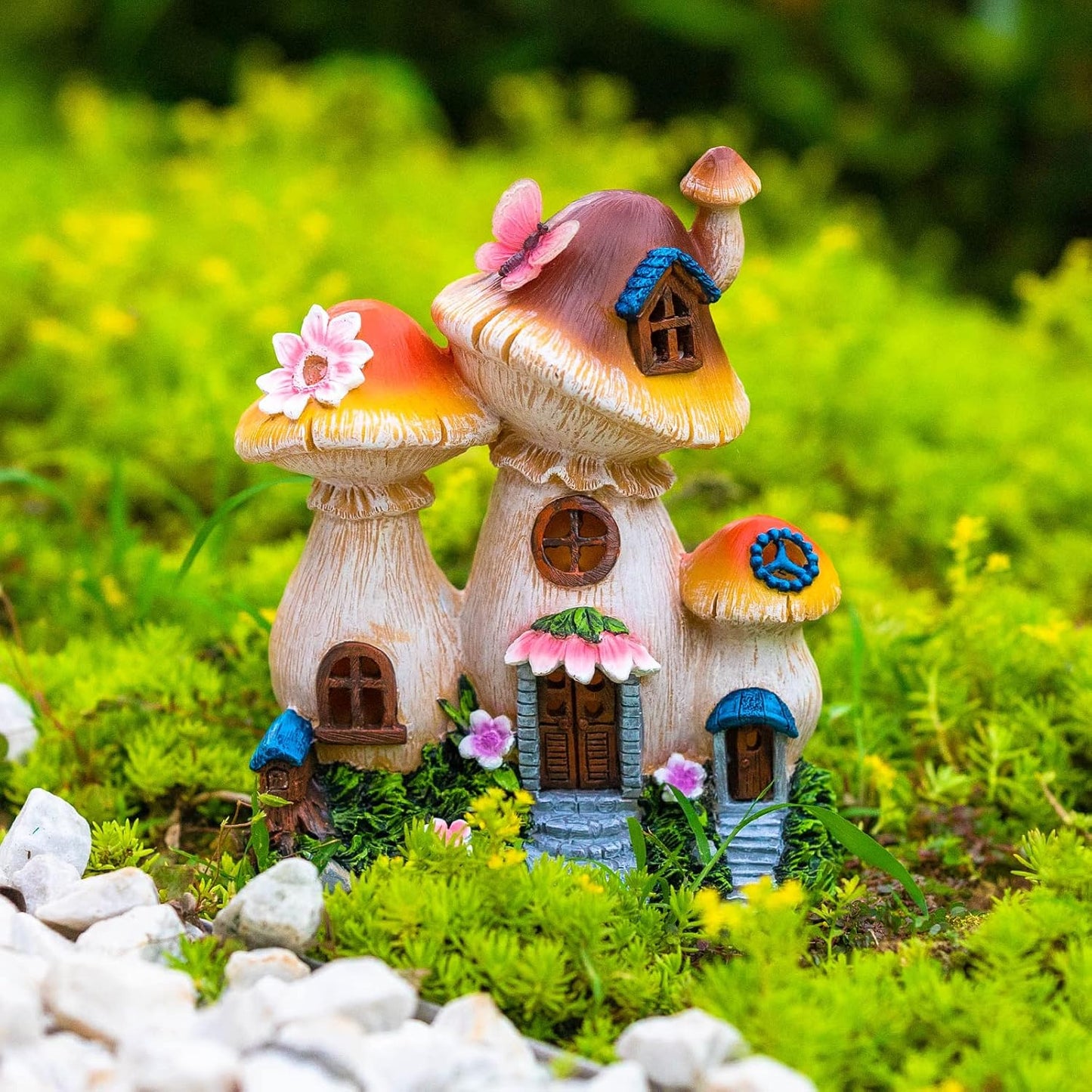 Solar Garden Statue Lights Mushroom Fairy House Figurine, Outdoor Memorial Garden Ornaments Waterproof Decoration for Outside Patio Yard Lawn Decor