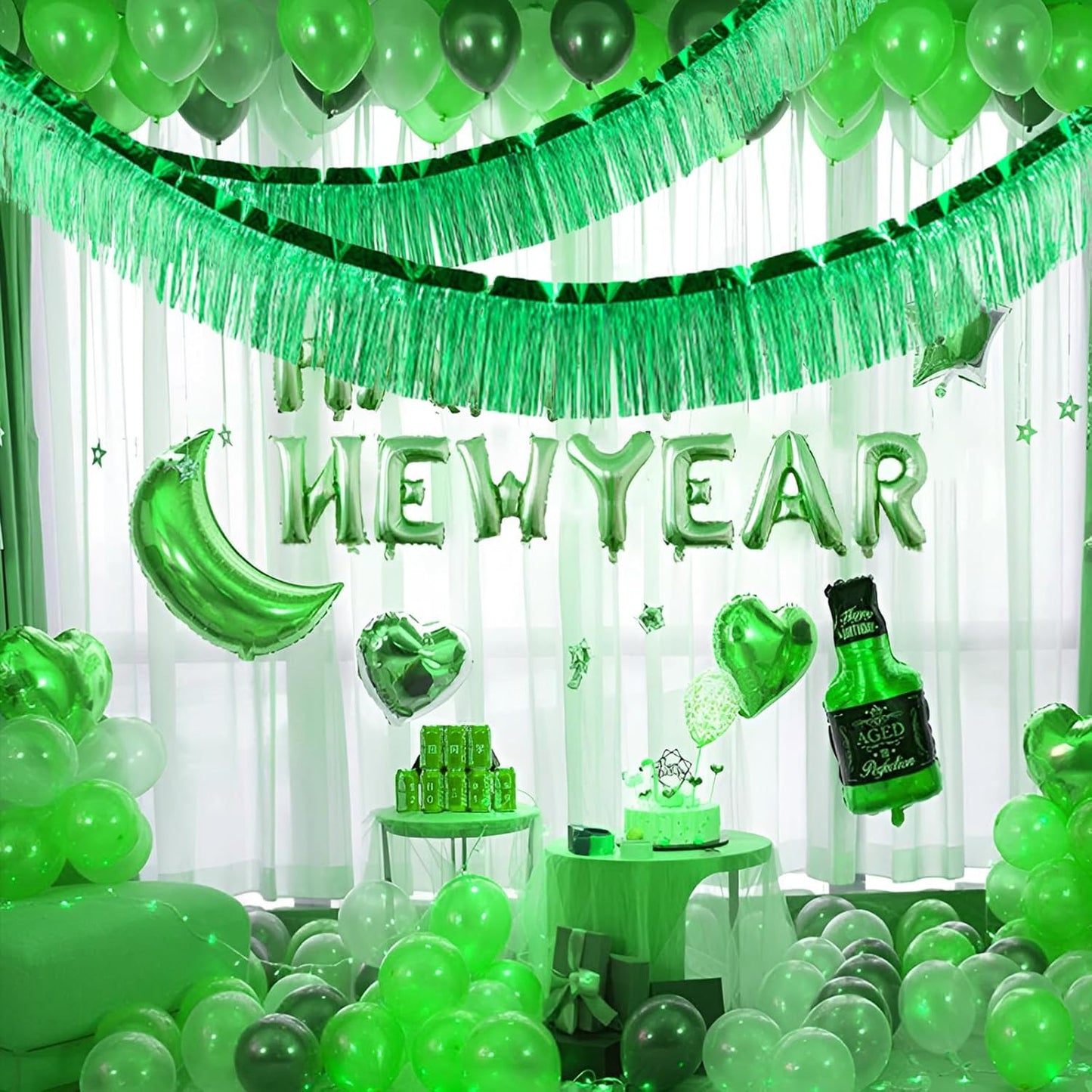 Green Foil Fringe Garland 10FT 2packs, Metallic Foil Tinsel Fringe Banners for Parade Float Decorations Wedding, Birthday Party Graduation (Two Green)