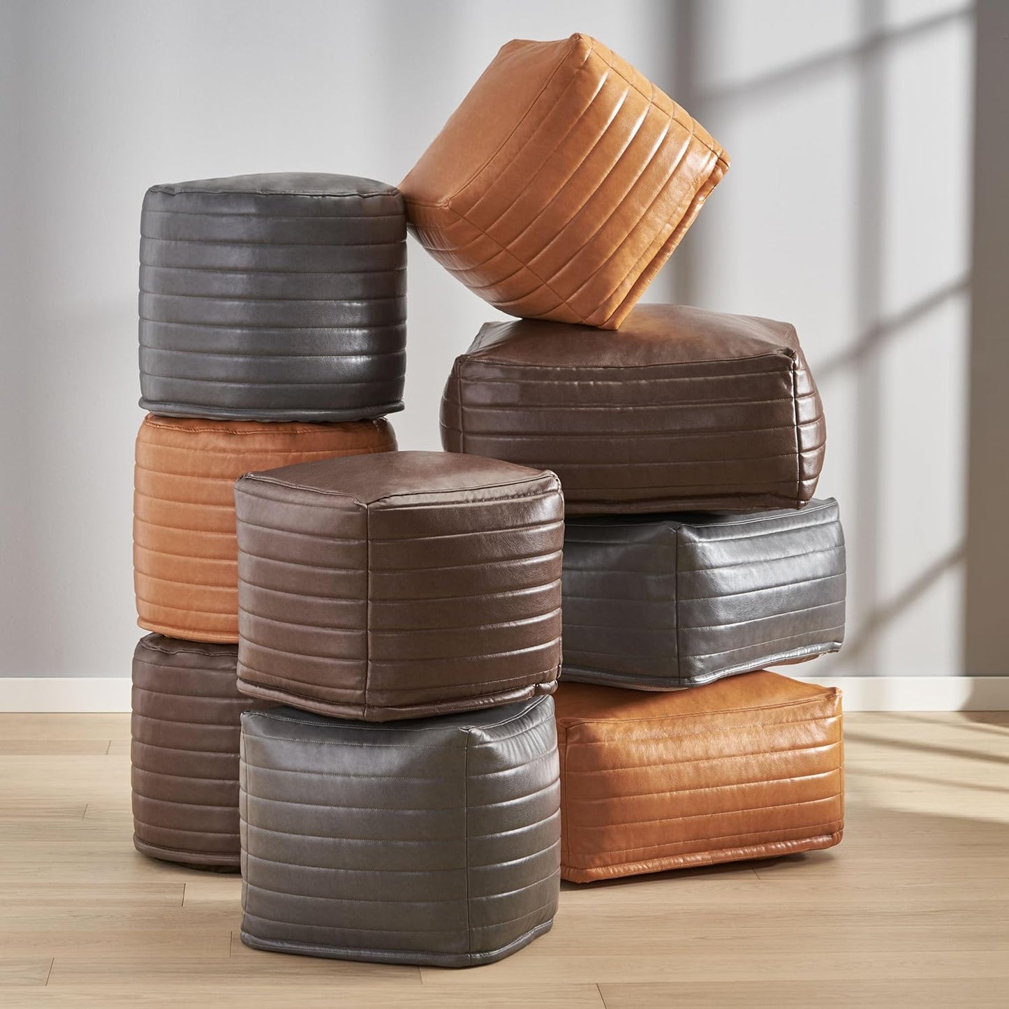 GDFStudio Contemporary Faux Leather Channel Stitch Pouf Ottoman Foot Stool - Bean Bag Floor Chair - Foot Rest Couch for Living Room Bedroom,Caramel Cube,16"" x 16"" x 16"", Conrai,caramel, 314802N