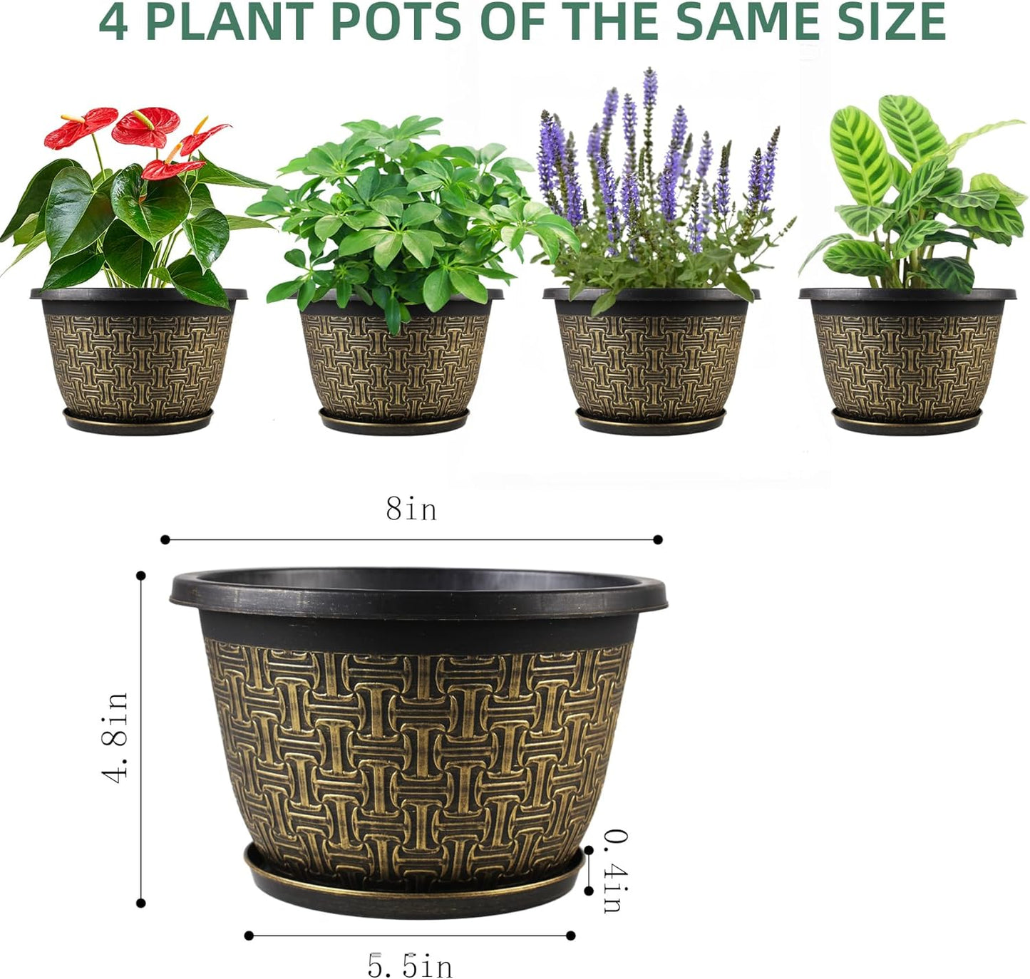 8 Inch Plant Pots, 4 Pack Flower Pot Outdoor with Drainage Holes & Trays, Retro Antique Imitation Decorative Garden Plastic Planters Pots for Plants Indoor Sets for Houseplants