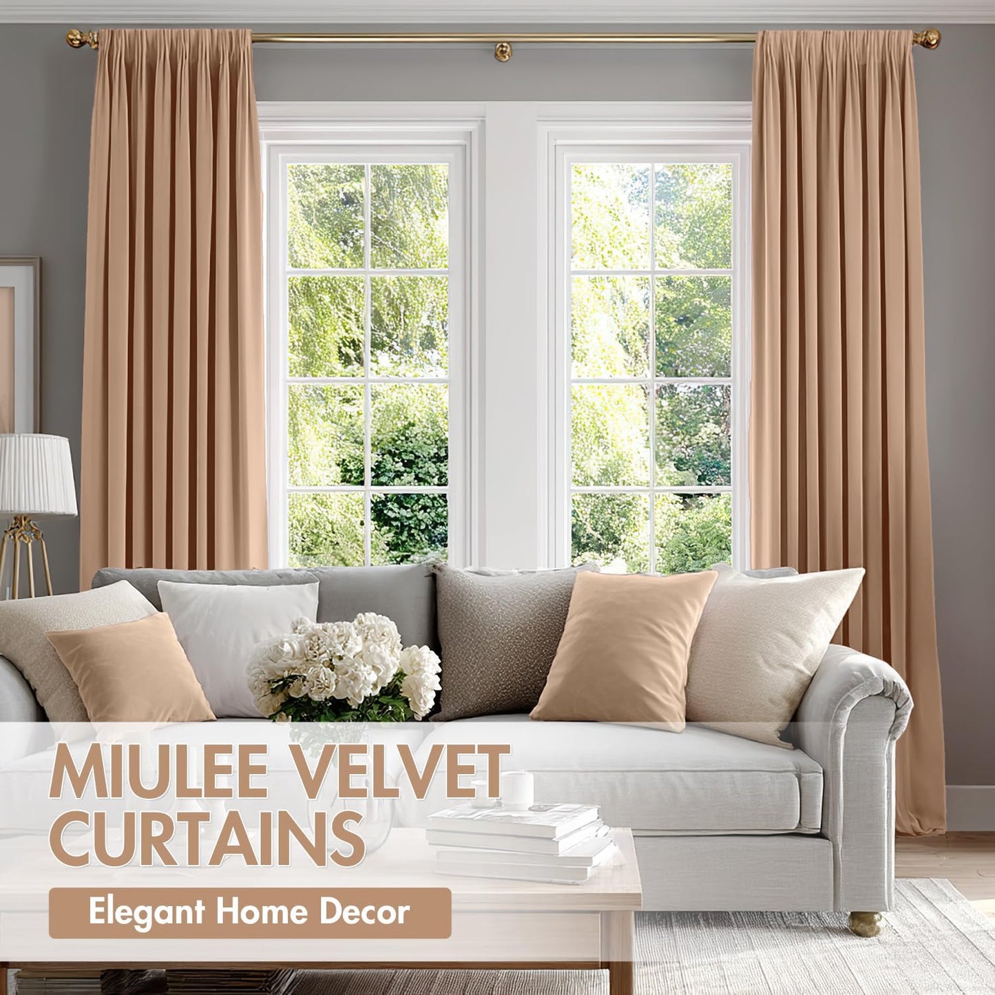 MIULEE Blush Beige Velvet Curtains Thermal Insulated Blackout Curtain Drapes for Bedroom Living Room Darkening 90 Inches Long Curtains Panels Rod Pocket Set of 2