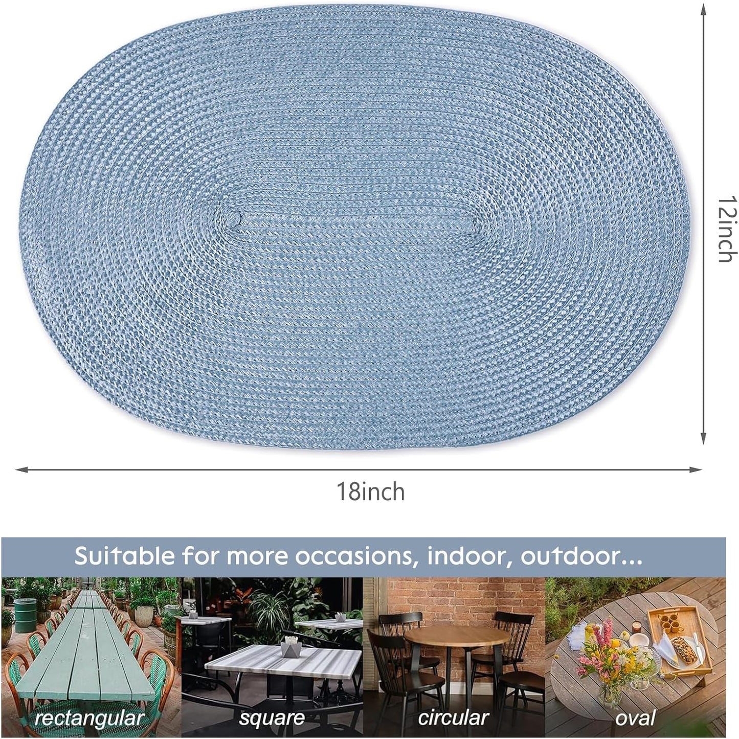 AHHFSMEI Placemats Set of 6 for Dining Table Washable Woven Vinyl Non-Slip 18x12 inches Placemat Heat-Resistant Durable Table Mats for Dining Table Easy to Clean(Light Blue)