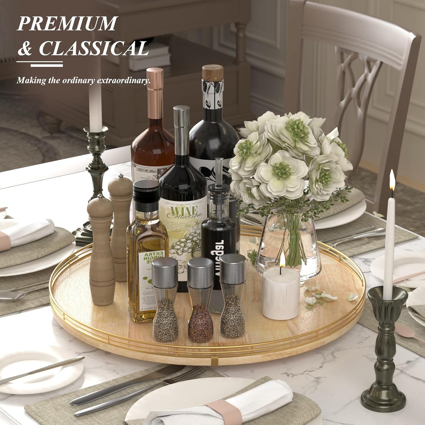 21-Inch Wooden Lazy Susan Turntable – Premium Oak & Iron, Extra Large Rotating Serving Tray for Dining Table, Kitchen Countertop, Farmhouse Décor, Spice Rack, Charcuterie & Entertaining