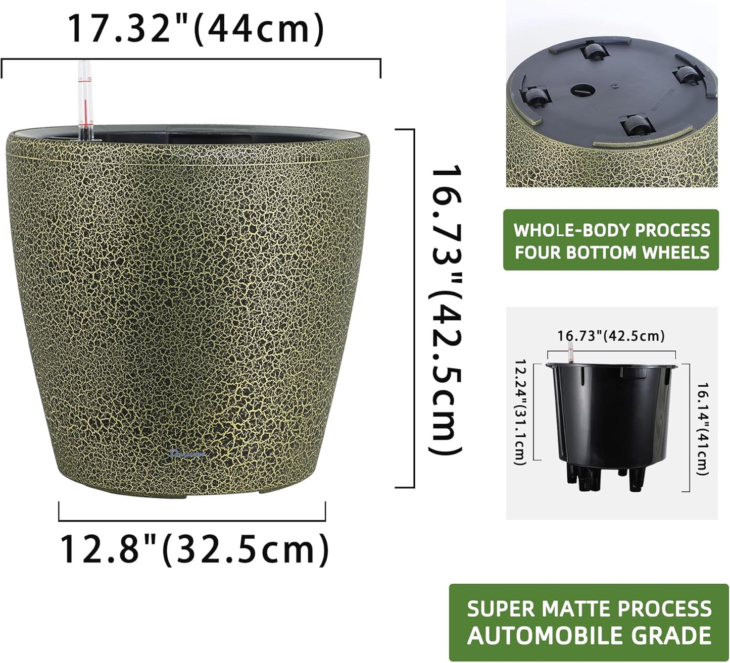 Dexceder 18x17 Self Watering Planter with Wheels Indoor Outdoor, Inner Pot Design, Thickened Large Floor Standing Flower Plant Pot with Water Level Indicator (Black Gold Crackle)