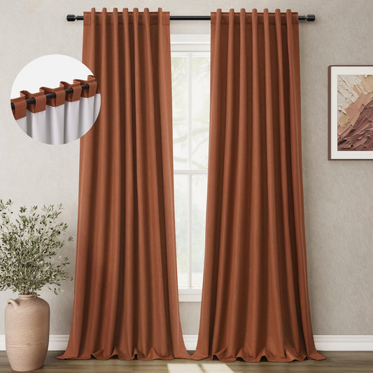 BOODII Burnt Orange Linen Blackout Curtains 84 Inch Long 2 Panels Set for Bedroom Light Blocking Curtains Terracotta with 100% Blackout Backing Thermal Insulated Room Darkening Curtain Drapes Rust