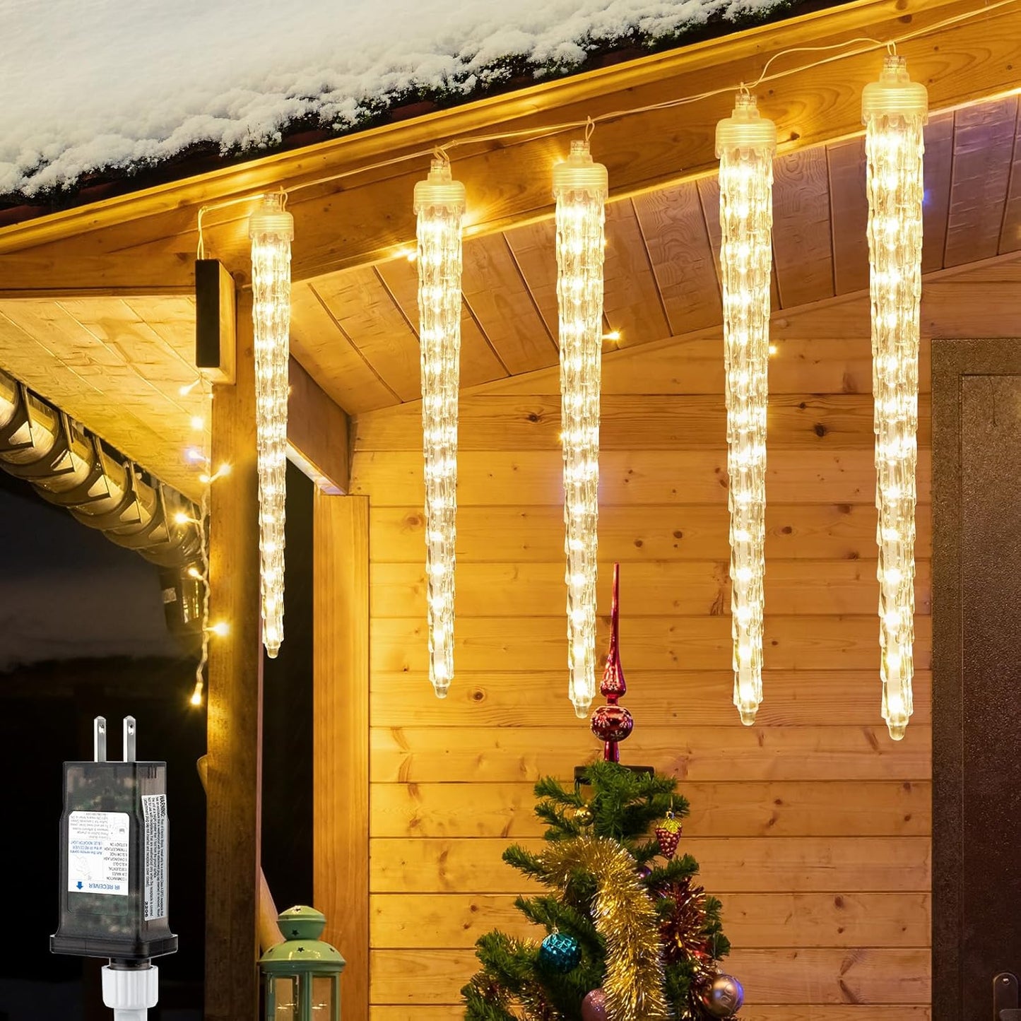 Christmas Icicle Lights Outdoor, 10ft Meteor Shower Lights with 10 Large Tube 240 LED Dropping Lights Effect, Falling Crystal Christmas Decorations for House Eave Roofline, Warm White