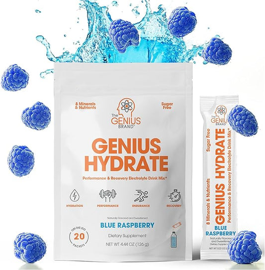 Genius Hydrate Stick Pack Powder Drink Mix – Blue Raspberry Flavor, Natural Electrolyte Booster with Coconut Water & Potassium for Ultimate Hydration -20 Packets