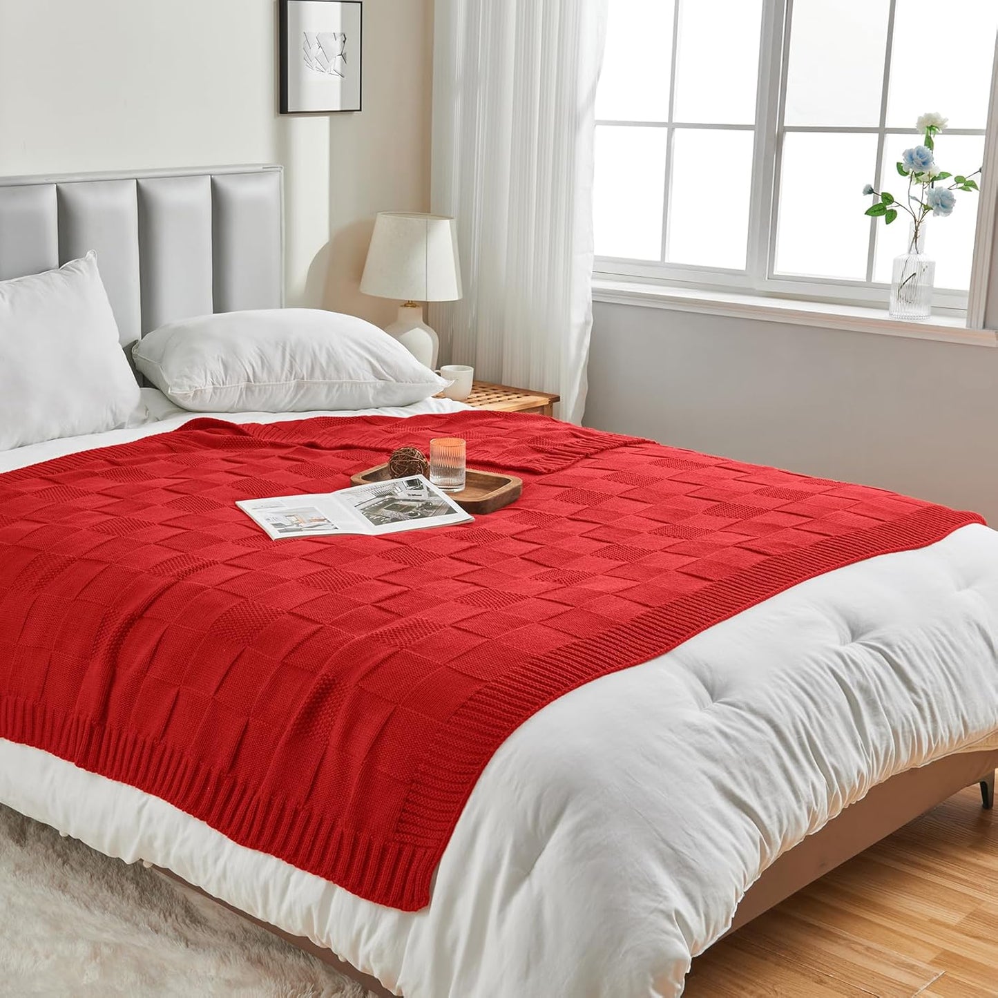 CozeCube Knit Throw Blanket,Christmas Red Checkered Bedroom Blanket for Couch,Soft Cozy Warm Knitted Blanket for Bed Sofa Living Room,Decorative Spring Fall Throw Blanket 50"X60",Christmas Red