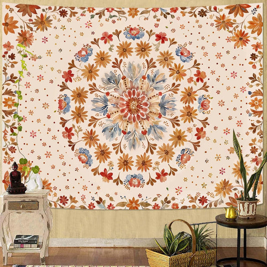 Fowocu Boho Floral Mandala Tapestry Wall Hanging Watercolor Bohemian Flower Medallion Tapestry Aesthetic Beige Orange Hippie Indian Small Tapestries for Bedroom Living Room Dorm Decor 48 x 36 Inch