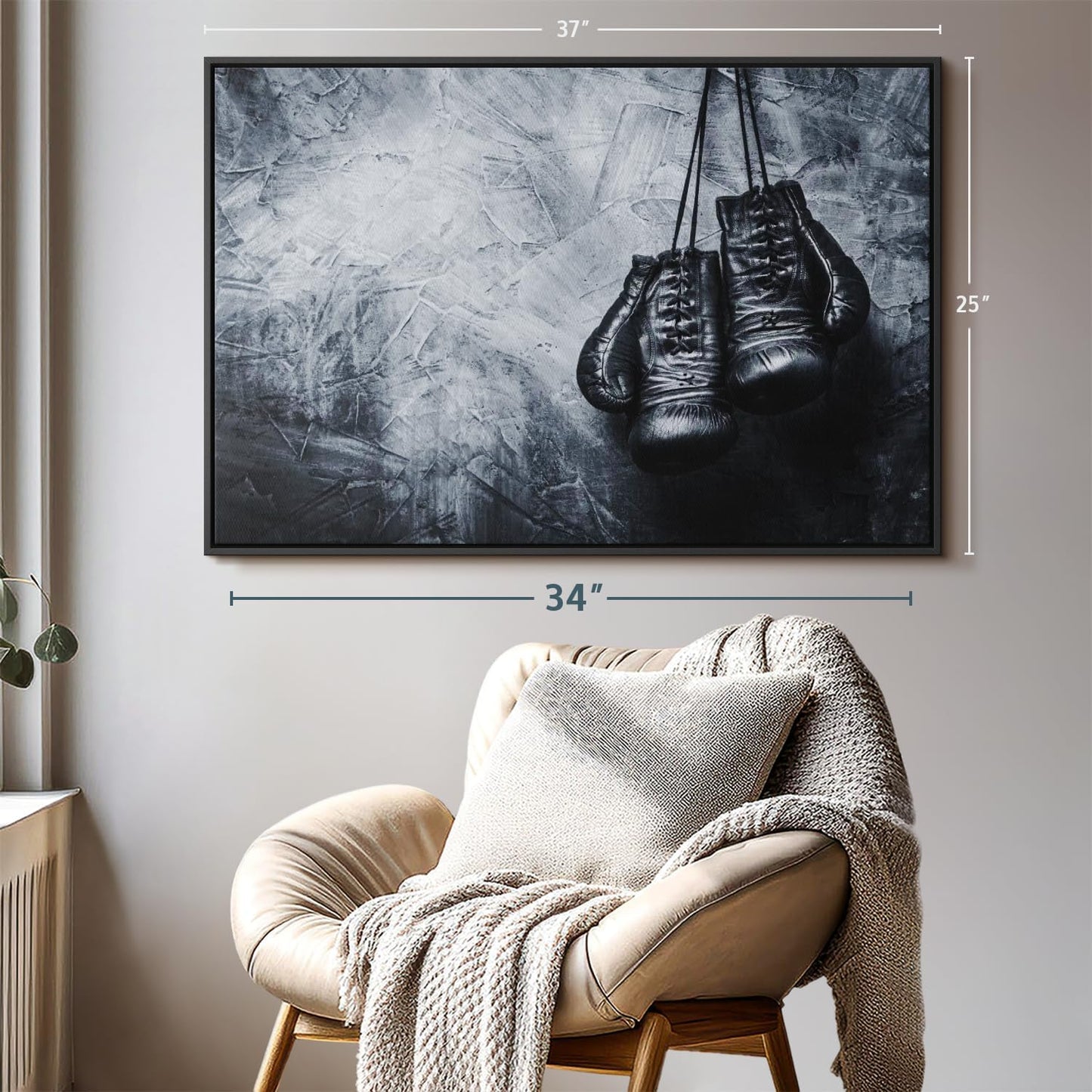 ElephantStock Boxing Gloves Wall Art - Horizontal Framed Canvas - 1-Piece Living Room Wall Decor - Photography Sports Canvas Print - Black and Gray Decor for Wall - 37" X 25"