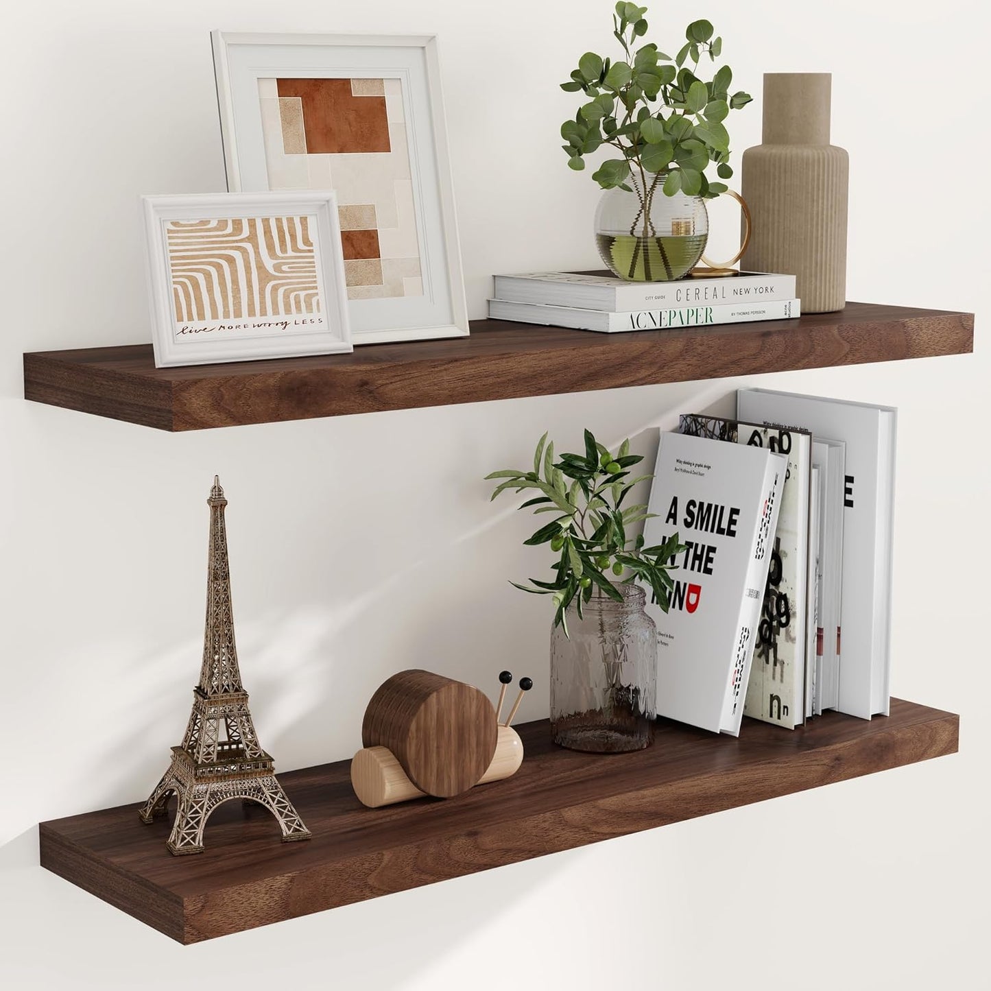 40 Inch Floating Shelvese, 40" W x 9" D Floating Shelf Set of 2, Farmhouse Wood Wall Shelves for Bedroom, Kitchen, Wall Mounted Deep Shelving for Home Decor, Walnut Color