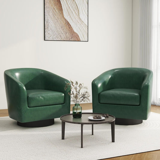 Swivel Barrel Accent Chair, Modern Round Faux Leather Arm Chair for Living Room, Bedroom, Comfy Club Reading Chairs for Adults(Faux Leather, Green, Set of 2)