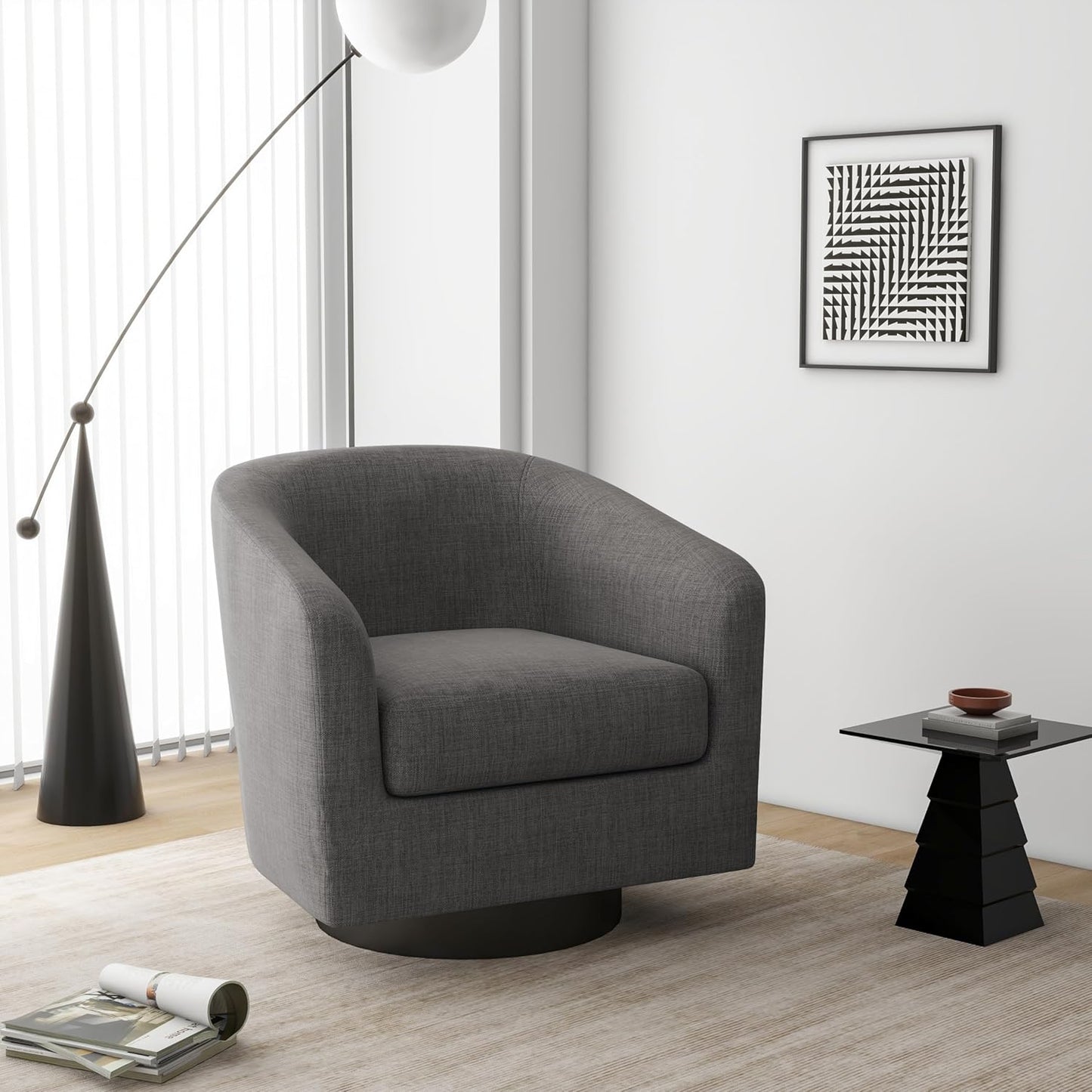 Swivel Barrel Accent Chair, Modern Round Linen Arm Chair for Living Room, Bedroom, Comfy Club Reading Chairs for Adults（Linen Fabric, Grey, Set of 2