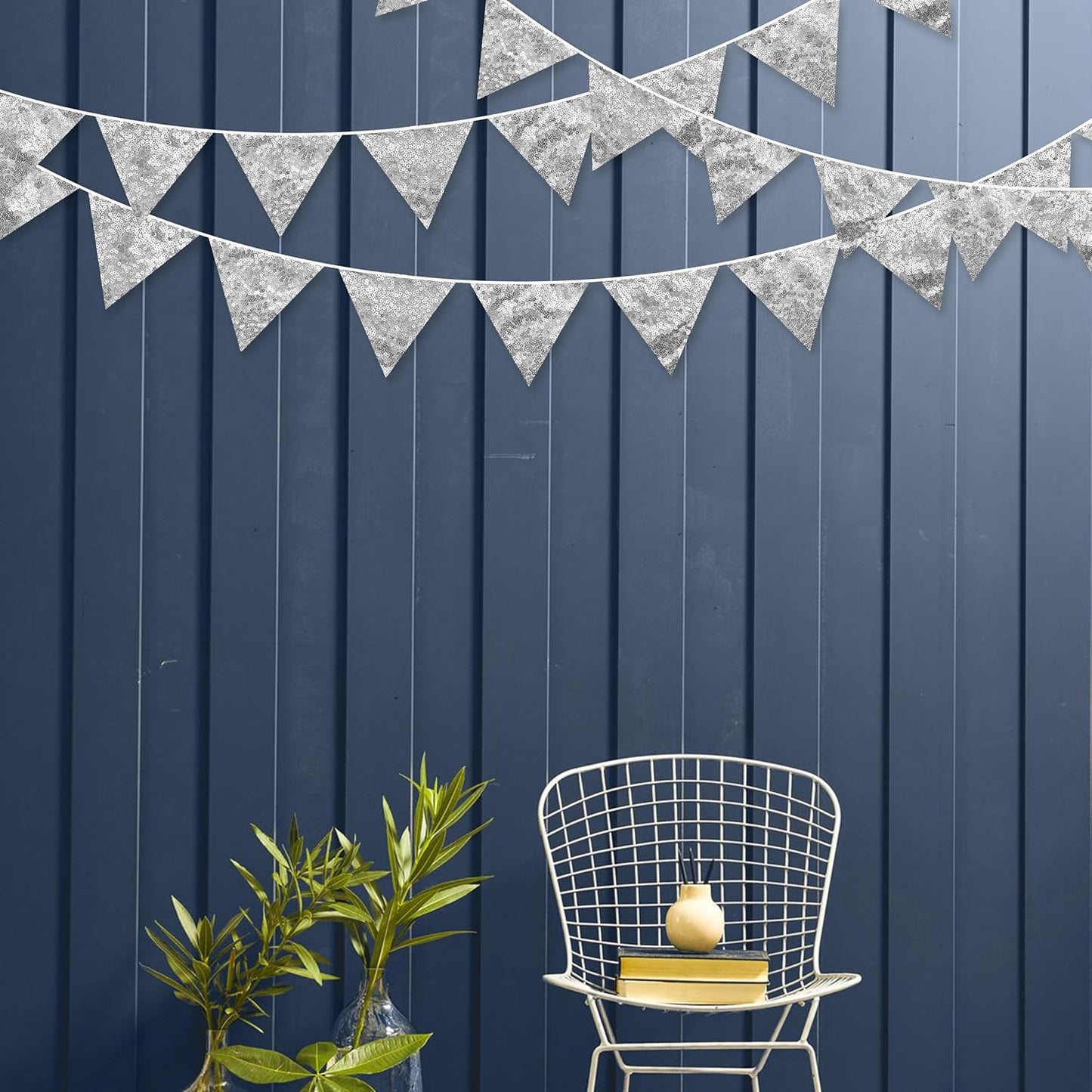 Pinkblume Double Sided Sequin Fabric Triangle Pennant Banner Flag Bunting Garland for Silver Theme Nursery Classroom Home Bedroom Wall Holiday Christmas Decor