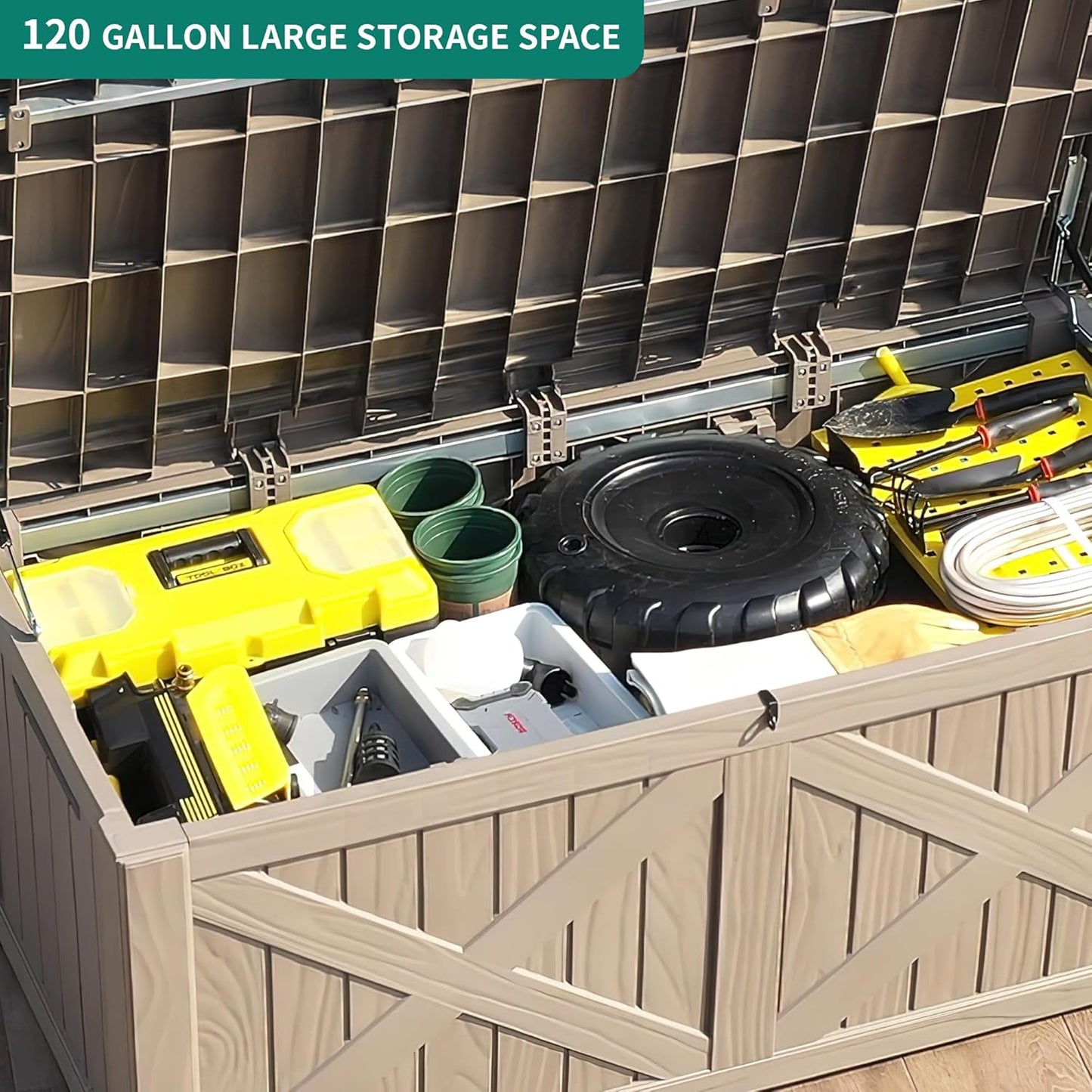 YITAHOME 120 Gallon Large Deck Box, Upgraded Resin Outdoor Storage Boxes w/Flexible Divider, Waterproof Cushion Storage Bench for Patio Furniture, Pool Supplies, Garden Tools - Lockable, Taupe