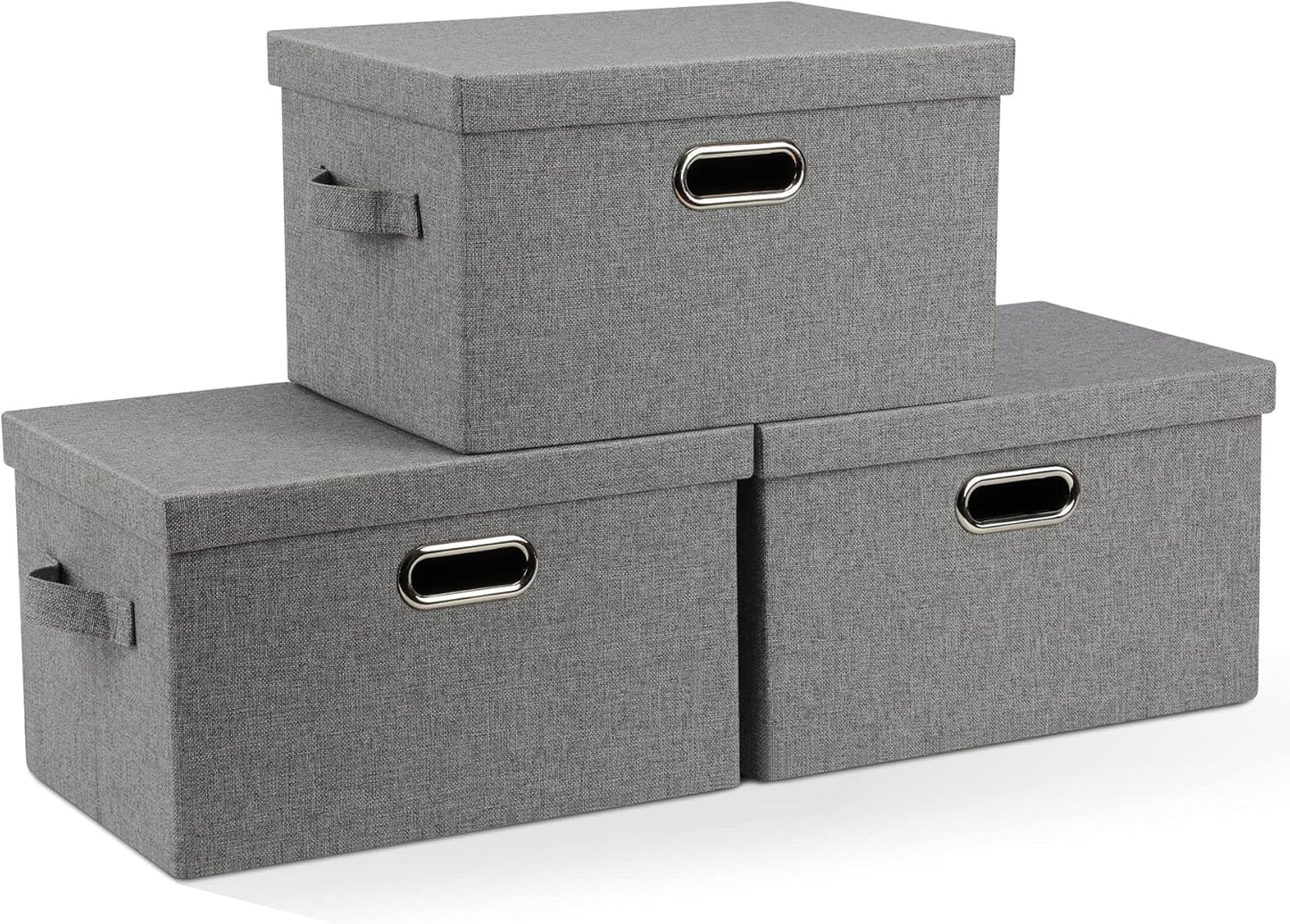 Medium 15" 21 Quart Collapsible Stackable Storage Bins with Lids, 3 Packs Grey Foldable Fabric Closet Boxes Heavy-duty Linen Cube Baskets Container for Bedroom Office (15 x 11 x 8)