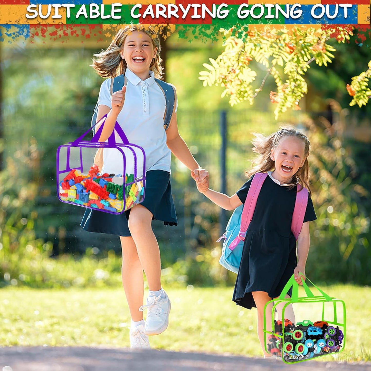 6 Colors Widen X-Large Toy Storage Bags 12.6×9.25×6.9In with Labels, Reusable Clear PVC Board Game Storage, Travel Waterproof Organizer Bags with Zipper for Building Blocks, Puzzle, Stuffed Animals