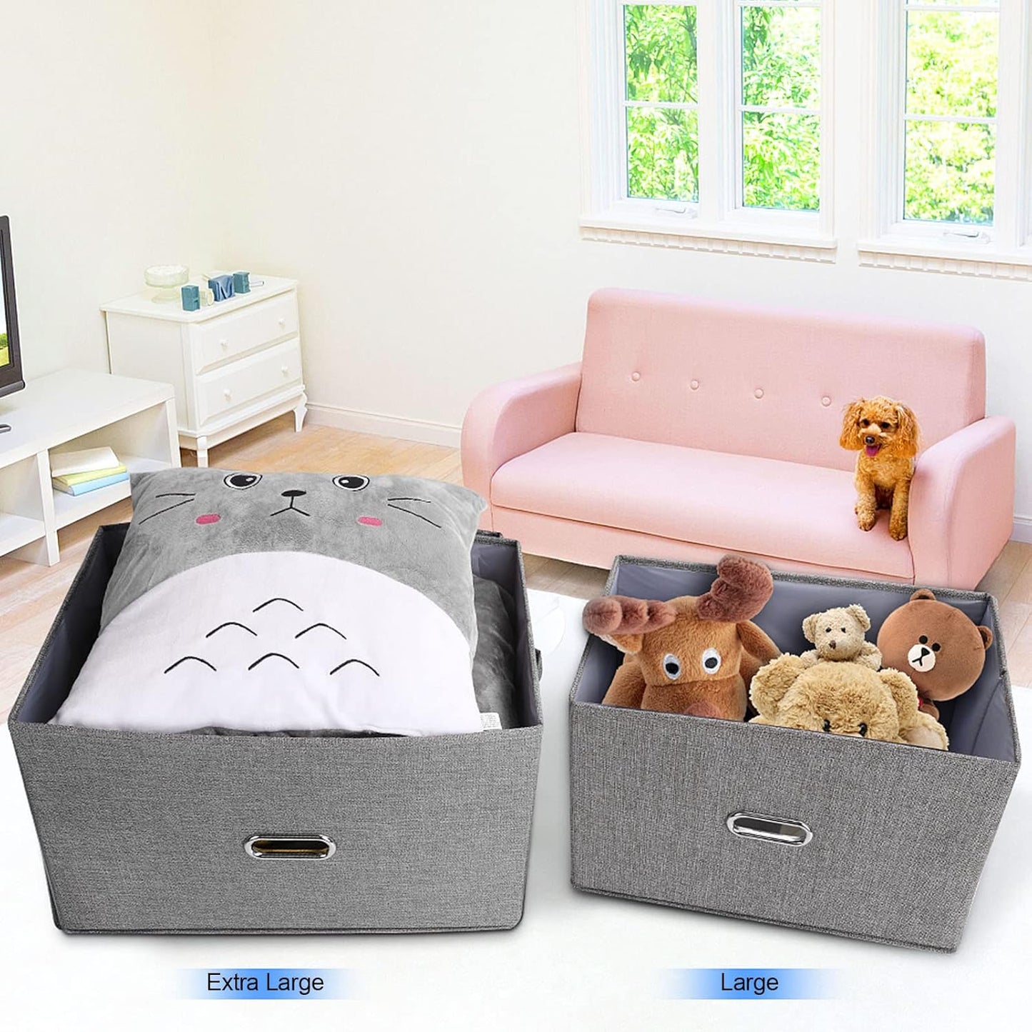 Large Linen Fabric Foldable Storage Bins with Removable Lid and Handles, Washable Storage Box Organizer Containers Baskets Cube with Cover for Bedroom,Closet,Office,Nursery (Grey, Extra Large)