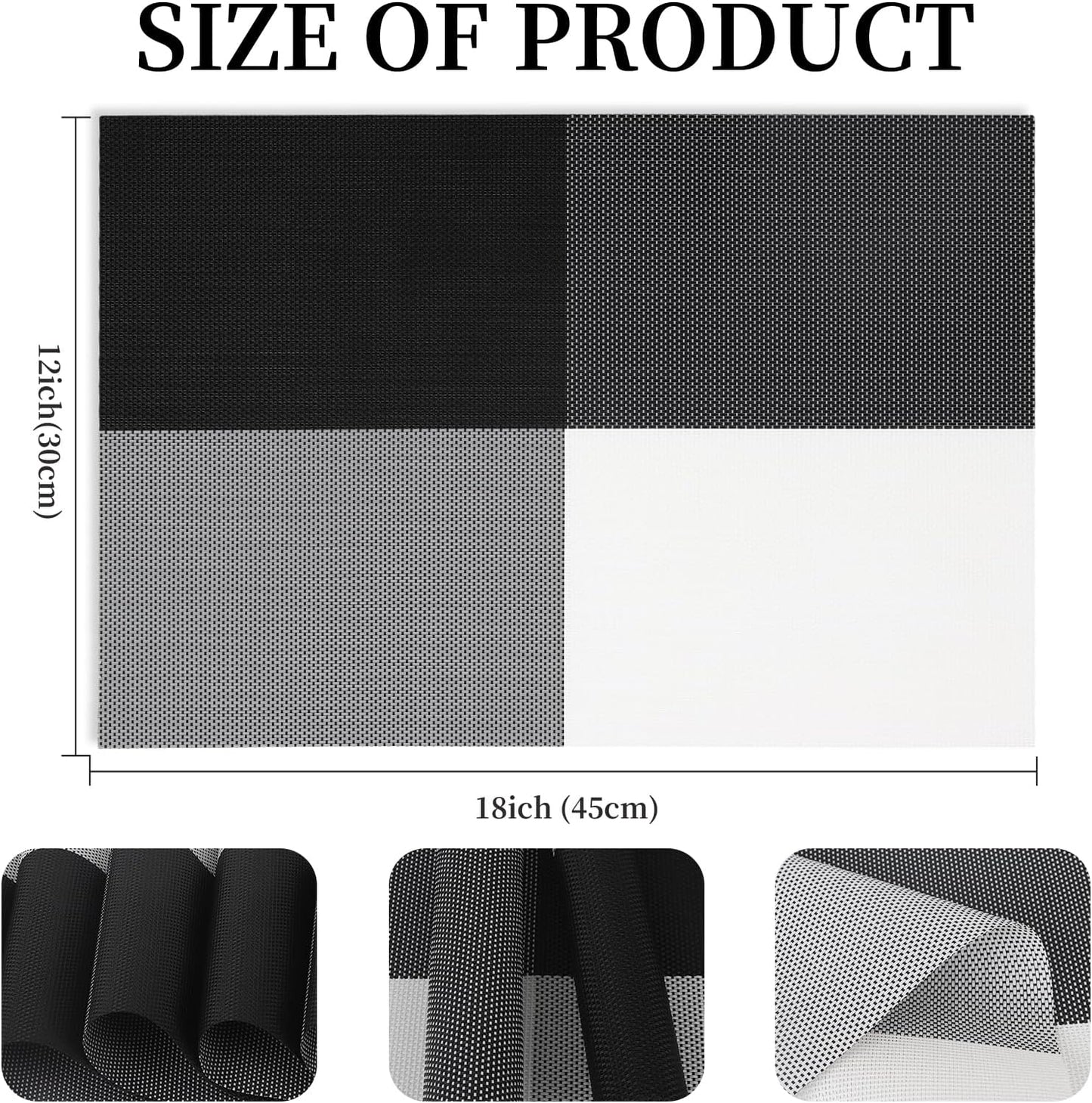 Vinyl Plastic Placemats Set of 4 Washable Heat Resistant Non-Slip Elegant Indoor Outdoor Kitchen Dining PVC Woven Table Place Mats (Black White Lattice Block)