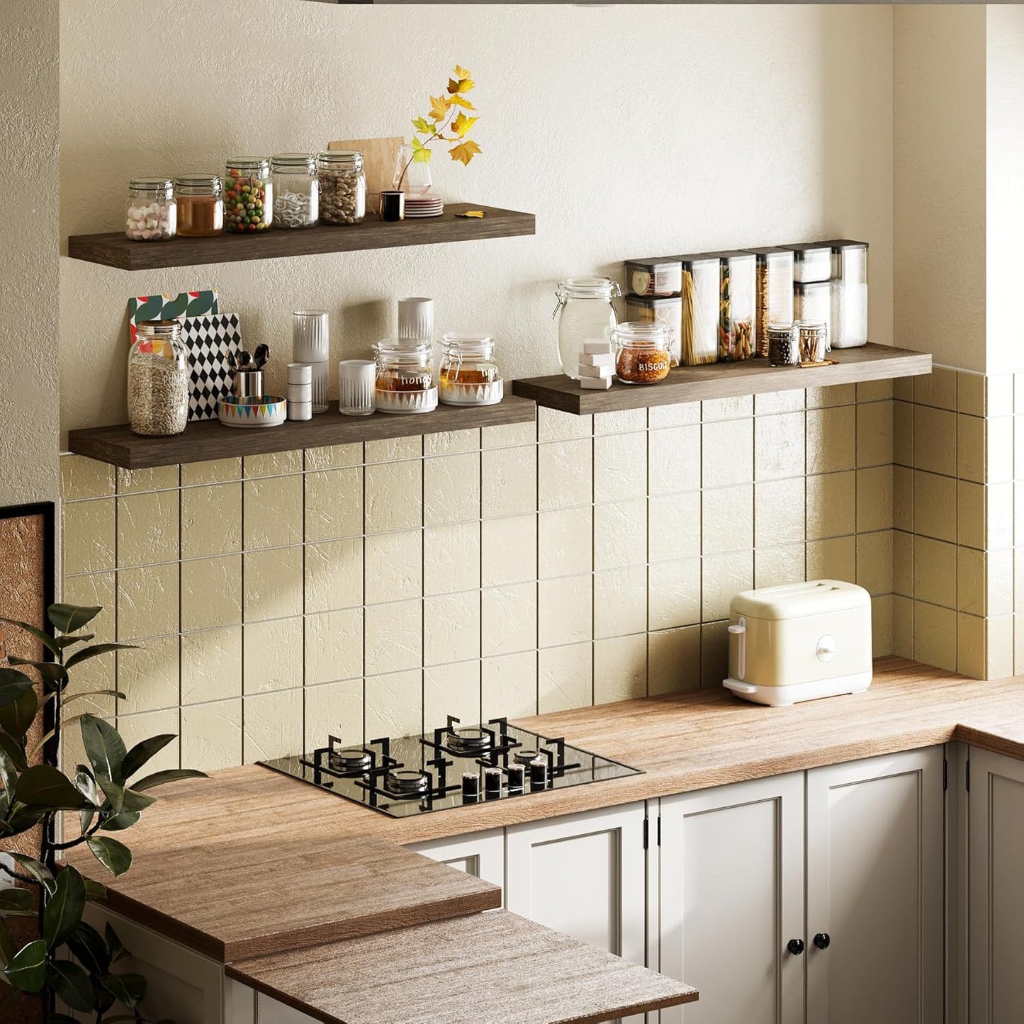 BAMEOS Floating Shelves,40 in W x 8in D Wall Mounted Wooden Shelves with Invisible Brackets Set of 3, Hanging Wall Shelves Decoration for Bedroom, Bathroom, Living Room and Kitchen