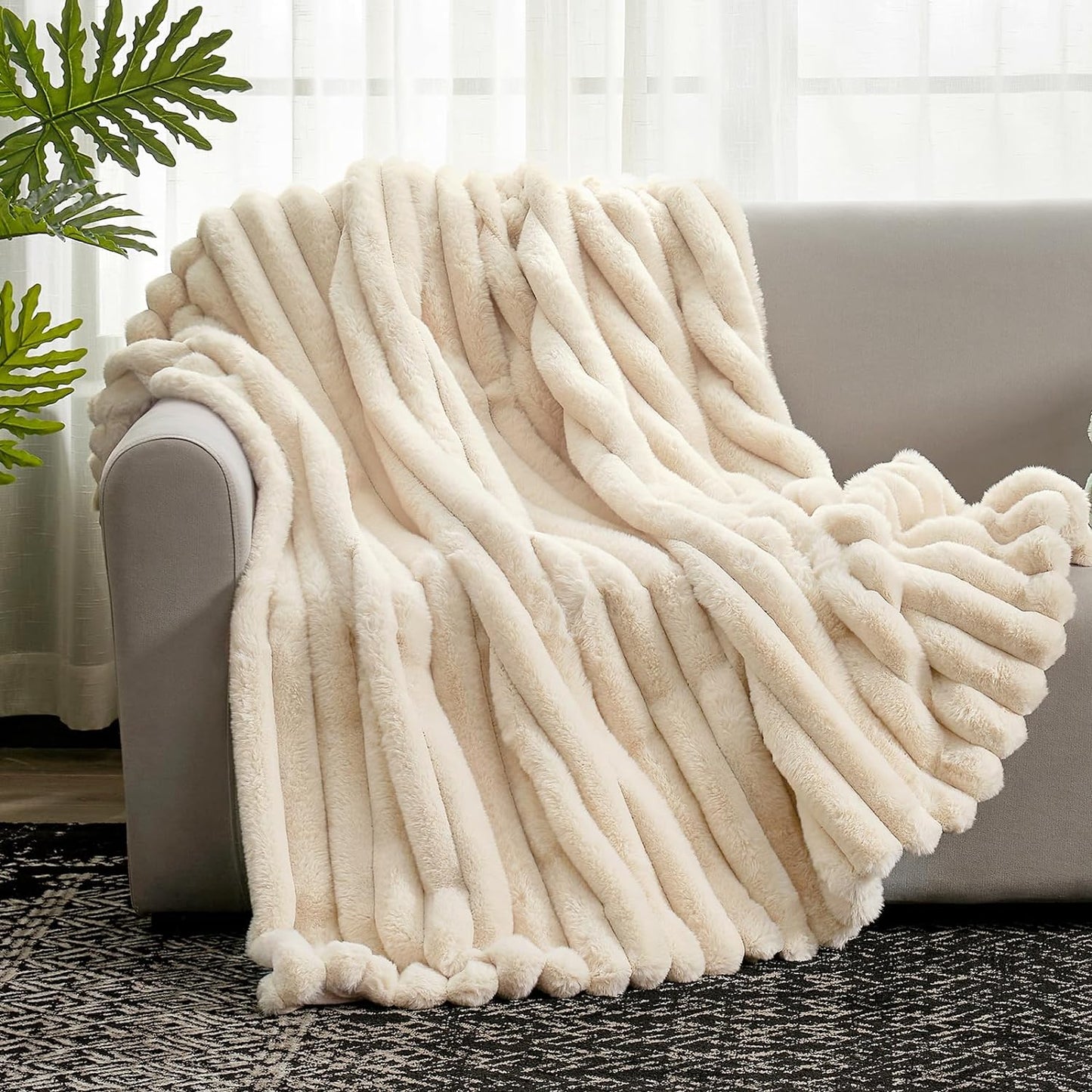 Cozy Bliss Faux Fur Throw Blanket for Couch, Cozy Warm Plush Striped Blanket for Sofa Bedroom Living Room,60 * 80 Inches Beige
