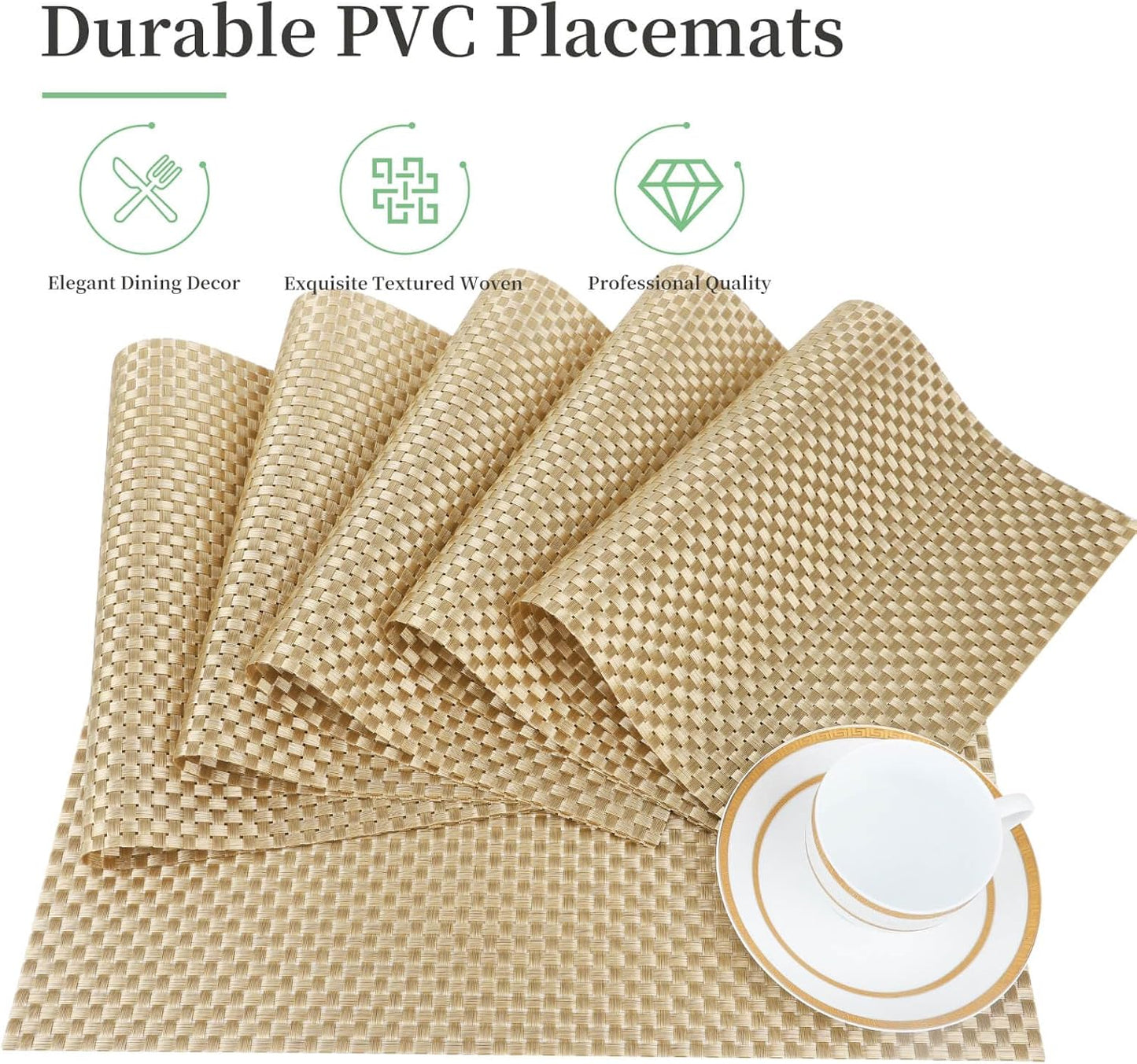 Vinyl Plastic Placemats Set of 6 Washable Heat Resistant Non-Slip Elegant Indoor Outdoor Kitchen Dining PVC Woven Table Place Mats (Gold Weaving)